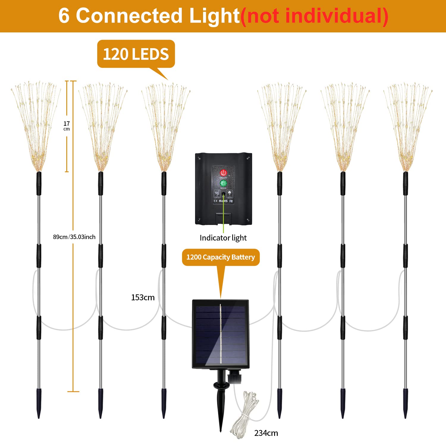 6er-Pack Solar-Gartenleuchten für den Außenbereich, Feuerwerk-Lichter, 8 Modi mit Fernbedienung, Außendekoration, 120 wasserdichte LEDs, Feuerwerkslampe für den Garten