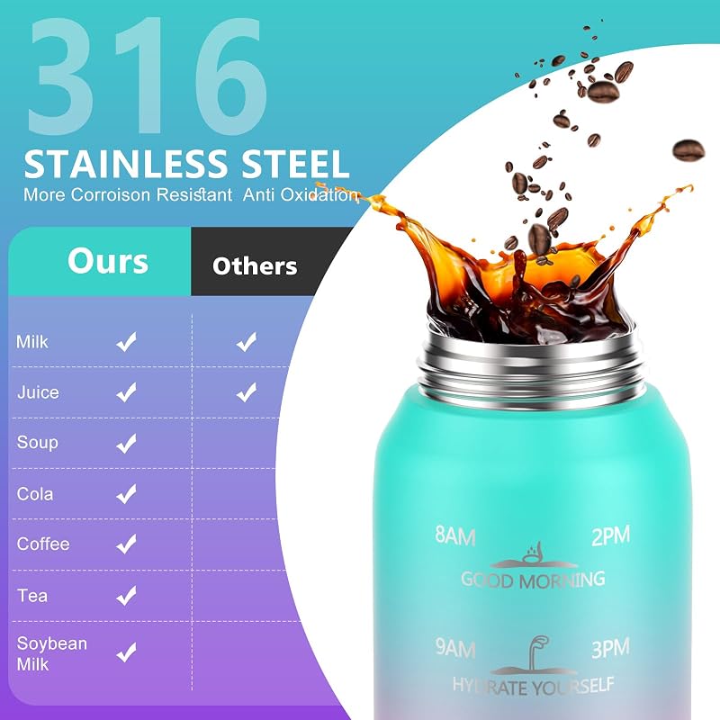 SLUXKE 1 literes rozsdamentes acél termosz palack időjelöléssel, dupla falú, szorítható fedéllel