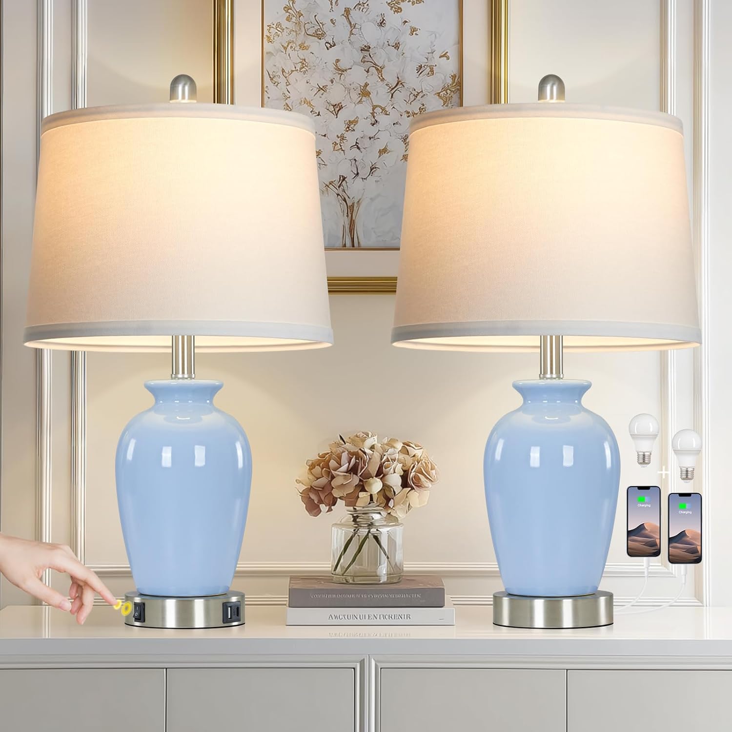 Cinkeda 23" Light Blue Ceramic Table Lamp Set of 2 for Bedroom, Modern Bedside Lamps for Nightstand Living Room Office Dining Room SideTable