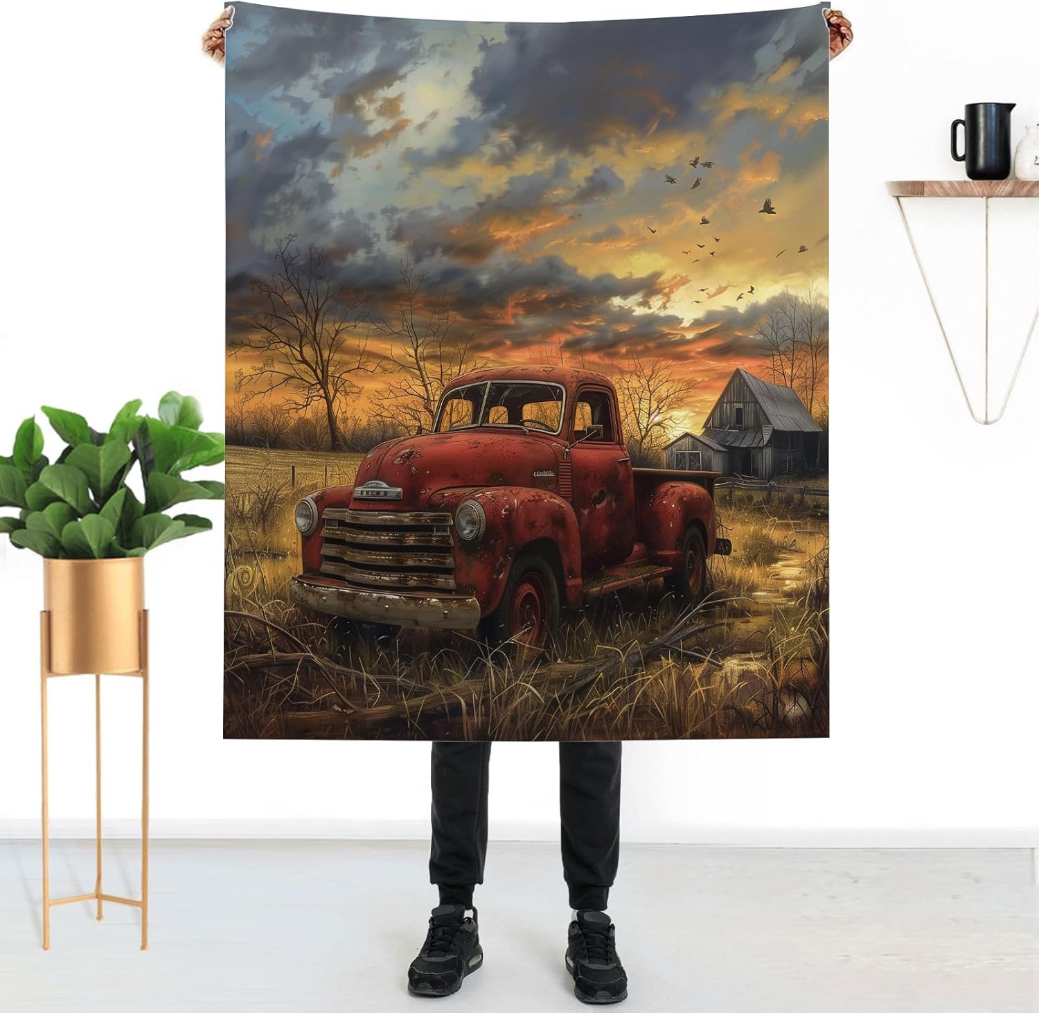 Farm Vintage Truck 50" x 60" Rustic Red Tractor Barn Super Soft Bedding Fleece Throw Blanket Luxury Bed Blanket Sofa Living Room Bedroom Warm Lightweight for Men and Women