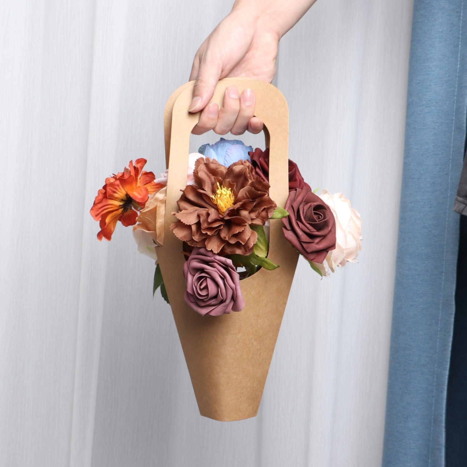 50 Stk. Blumen Geschenktaschen aus Kraftpapier, Brautstrauß-Taschen mit stabilen Henkeln, braune Blumen-Verpackungstaschen mit breiter Öffnung für frische Blumen, Pflanzen und kleine Geschenke