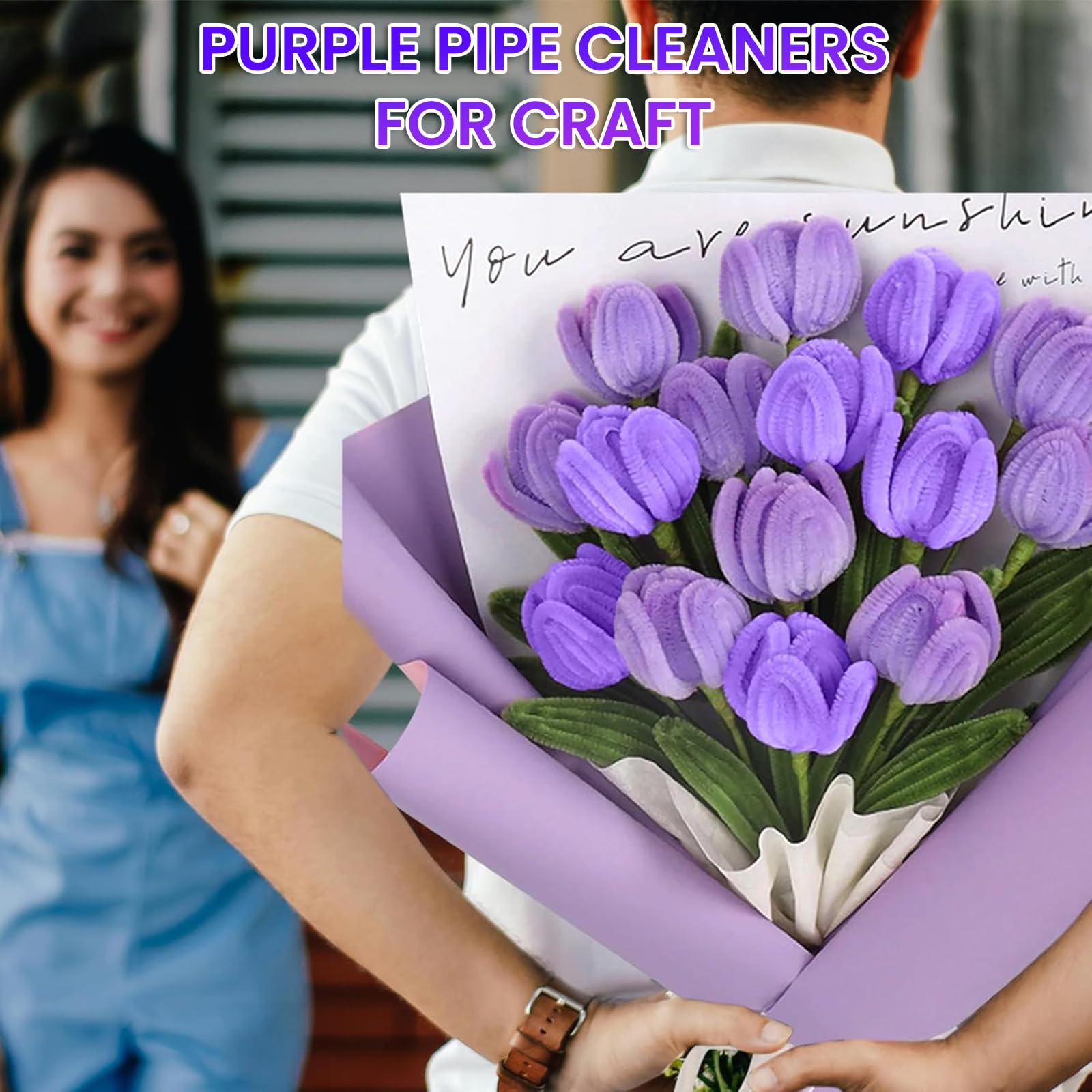 NICKLIN Purple Pipe Cleaners Craft,Chenille Pipe Cleaners Craft Tulip Set DIY Pipe Cleaner Flowers Kit with 240 Pcs Colourful in 4 Colours 15 Florist Wire,1 Florist Tape for Decoration - Image 2