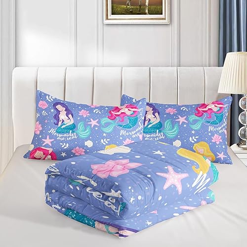 Miniatura 4 de Juego de edredón de sirenas de dibujos animados para niñas, tamaño individual, con temática de princesa, juego de ropa de cama con 1 edredón y 2