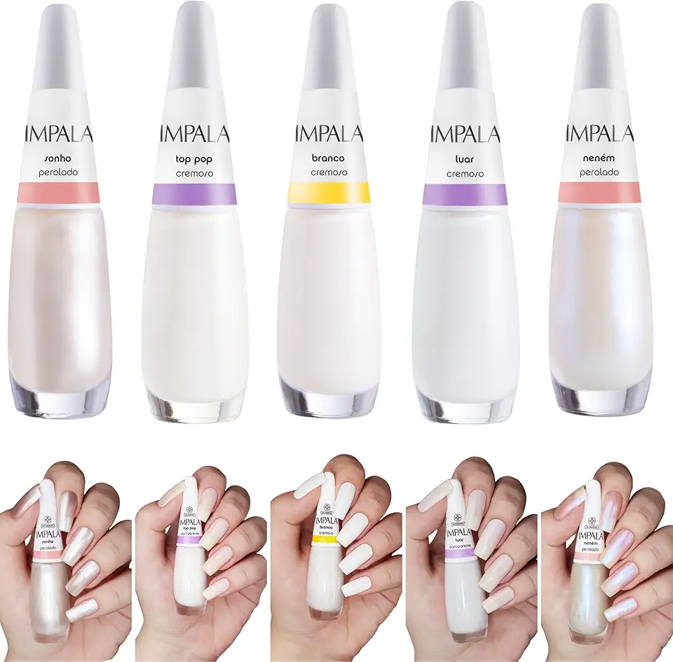 Kit 5 Esmalte Impala Francesinha Branco Clarinho Perolado Cremoso (5 Cores Completo)
