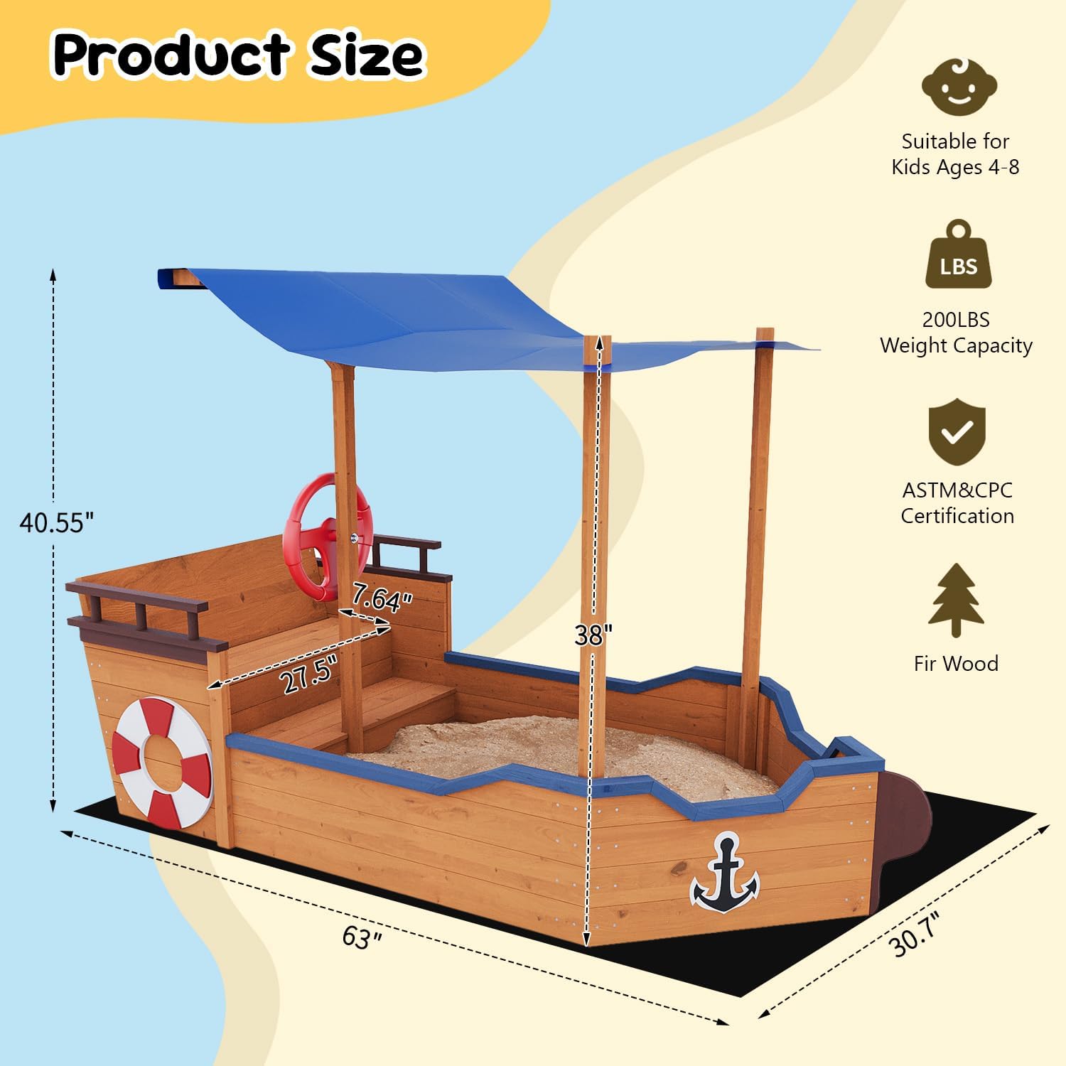 Large Pirate Ship Sandbox with Cover, Wooden Sand Box with Canopy, Rudder, Seat & Hidden Storage Space, Playset Outdoor Backyard, Children Outdoor Play, 63''L x 30.7''W x 40.5''H
