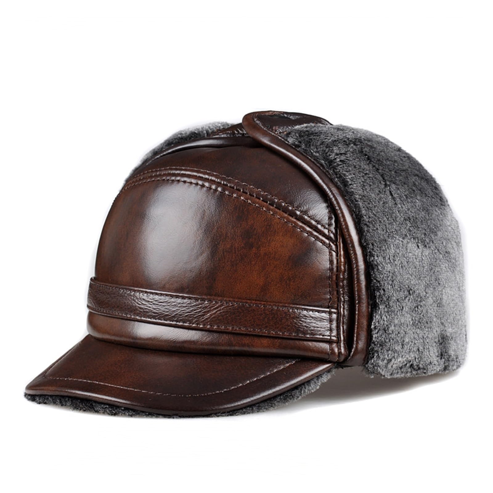 Male Winter Warm Ear Protection Bomber Hat Man Genuine Leather Faux Fur Inside Black/Brown Ultra Large Size 54-62cm Caps