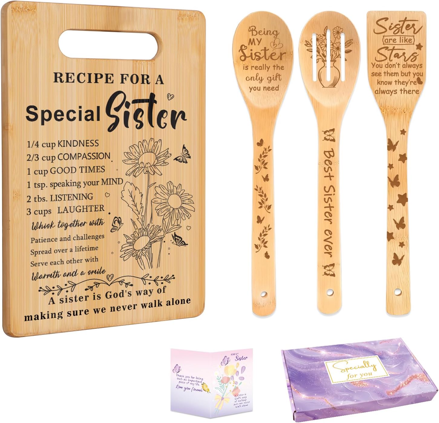 Gifts for Sister, Sister Birthday Gifts from Sisters - Unique Engraved Cutting Board Set Decorations Present, Best Friendship Soul Gifts for Women Bestie Friend