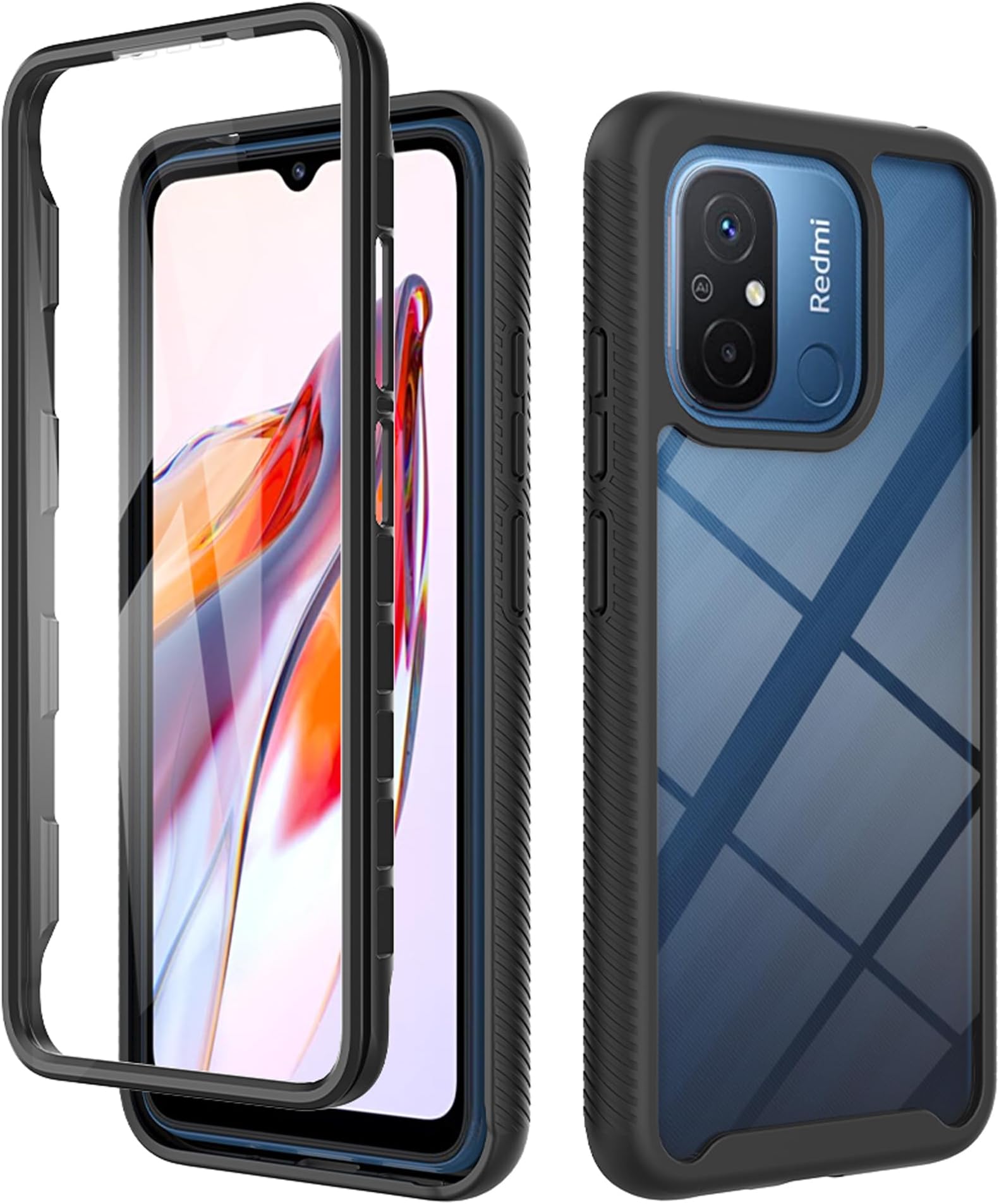 Xiaomi Redmi 12C Clear Case, Silicone & PC Hybrid Full-Body Armour Built-in Screen Protector and PC Bumper Military Grade Heavy Duty Shockproof Cover, Black