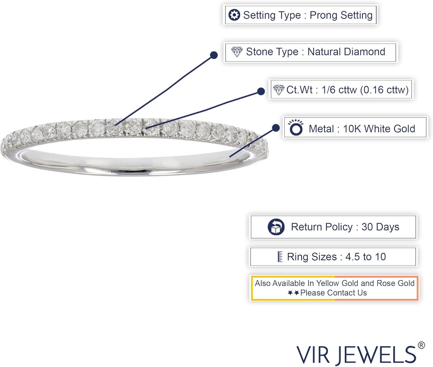 VIR JEWELS 1/6 cttw Pave Round Diamond Wedding Band for Women in 10K White Gold Prong Set, Size 4.5-10 - Image 5