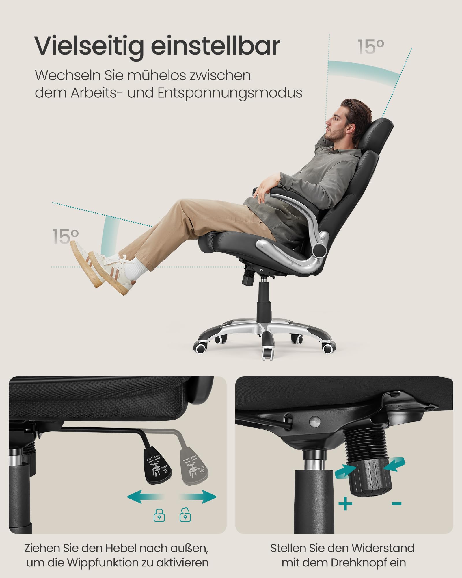 SONGMICS Bürostuhl, Gaming-Stuhl, verstellbare Kopfstütze, Wippfunktion, Schreibtischstuhl, verstellbare Armlehnen, Universalrollen, höhenverstellbar, tintenschwarz OBG65BK