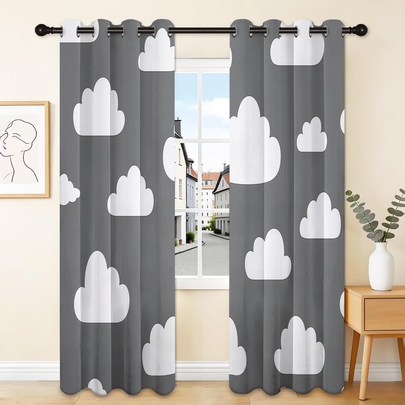 Rideau Occultant Isolants Thermiques À Oeillets Nuages Minimalistes, 140 x 260 cm Lot de 2 Rideaux Thermiques Isolants Anti Froid Imprimé pour Salon Chambre Bebe Enfant, Blanc