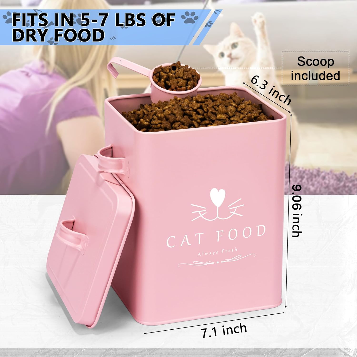 Meraki Home Farmhouse Cat Food and Treats Containers + Feed Scoop + Pet Food Bowl - Tight Lids - Large Metal Storage Bin - Great Gift for Cute Pets (Matte Pink)