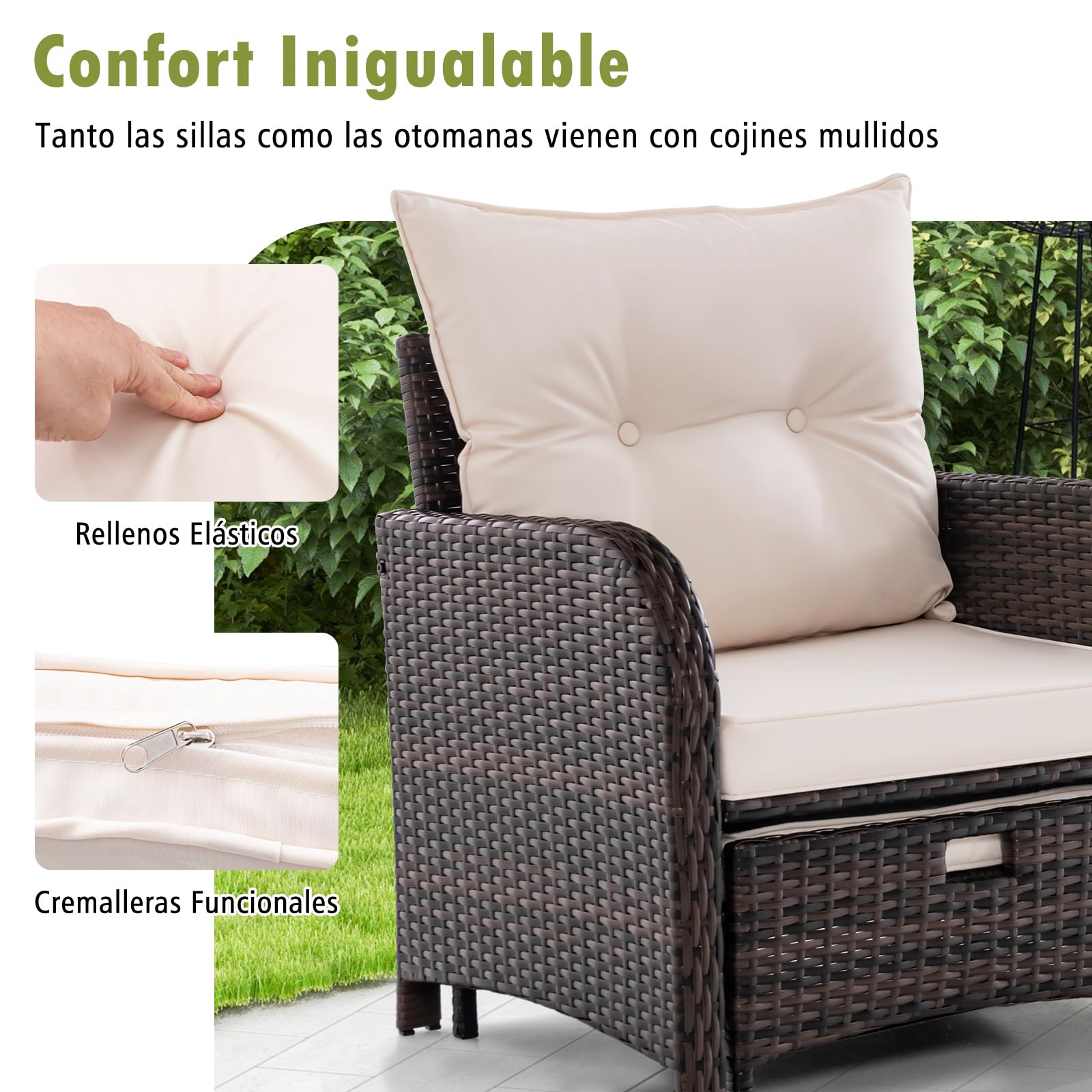 GYMAX Conjunto de Muebles de Jardín de Ratán 5 Piezas, Muebles Jardin Exterior con Cojines, 2 Sillones 2 Otomanas y Mesa Baja en Vidrio Templado, para Cojines, Jardín Patio Piscina, Beige