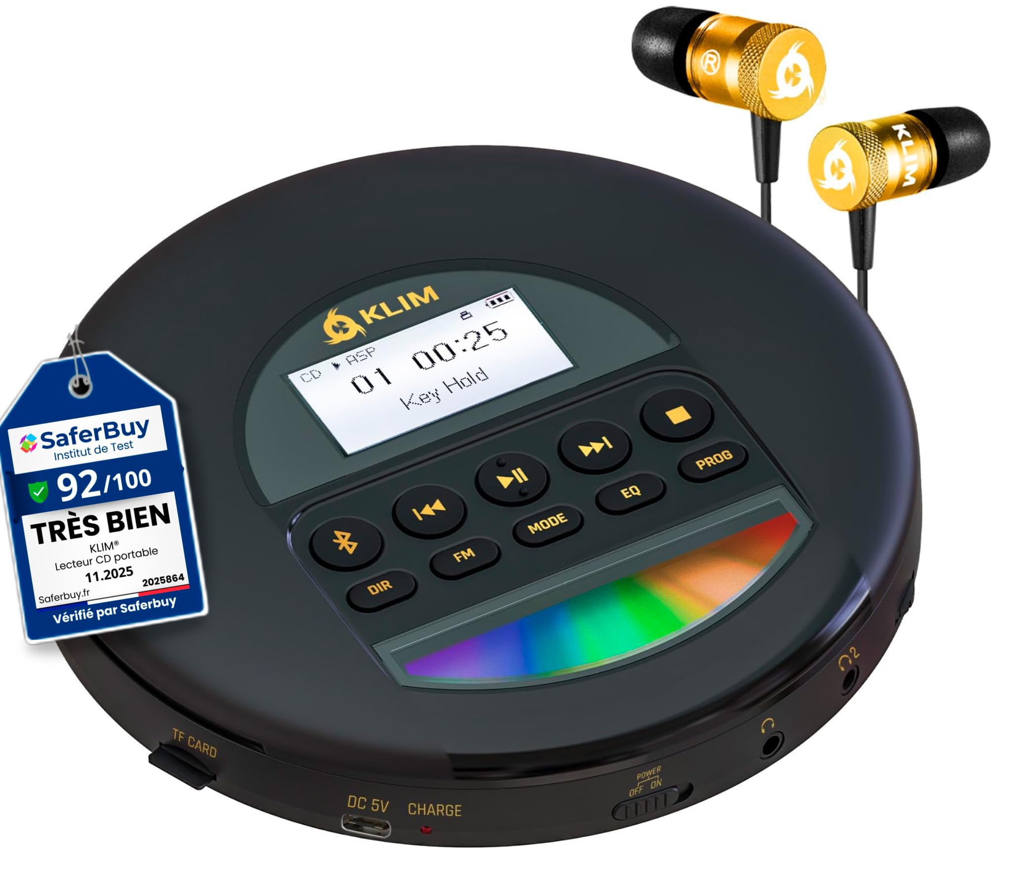 KLIM Nomad - Nouveauté - Lecteur CD Portable - Batterie Intégrée Longue Durée - avec Écouteurs - Compatible CD-R, CD-RW, MP3 - Bluetooth Baladeur Lecteur CD pour Voiture, Maison, Extérieur - Or