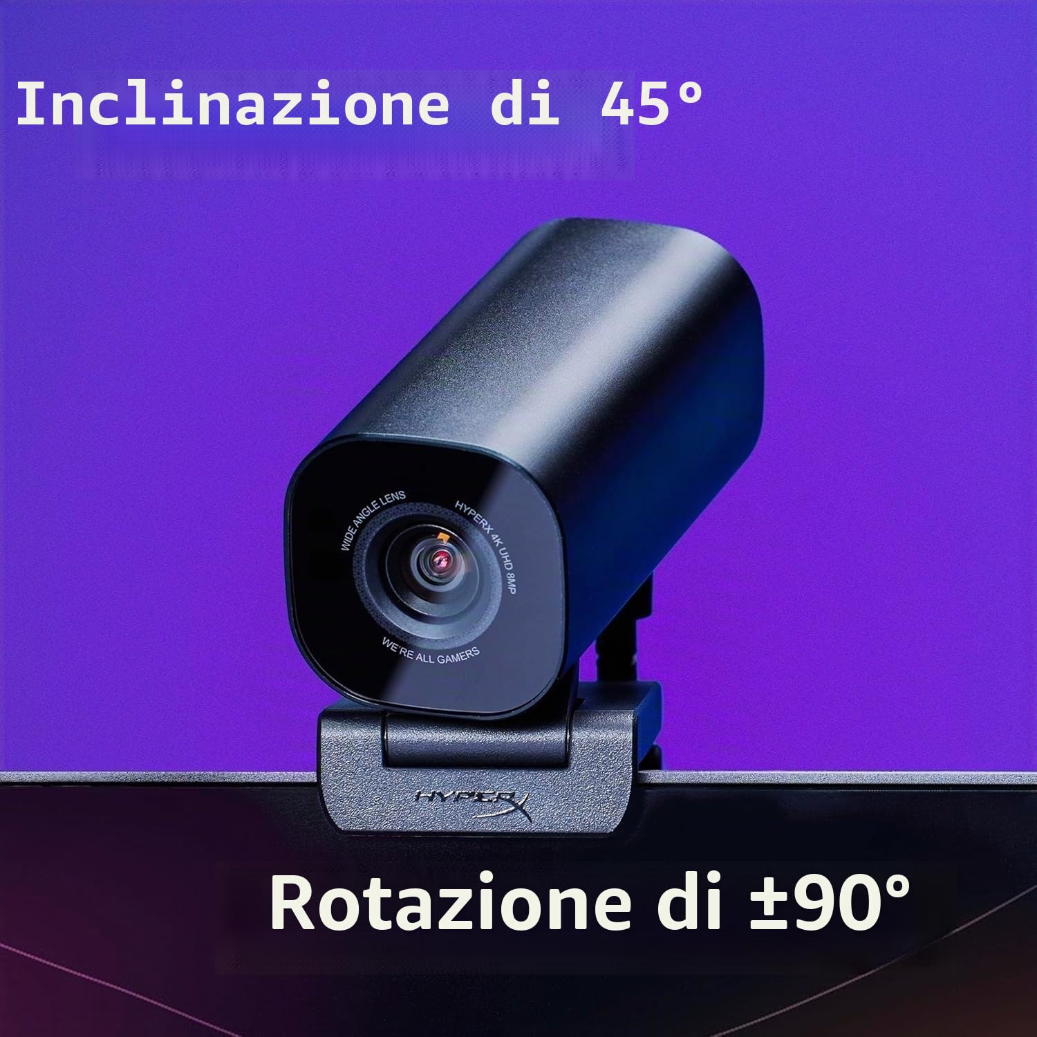 HyperX Vision S Webcam, 4K a 30 fps, FHD a 60 fps, Campo visivo fino a 90°, Sensore Sony Starvis 8 Megapixel, Ruotabile e Inclinabile, Windows Hello, Zoom, Teams, OBS, Discord, PC e Mac, Nero