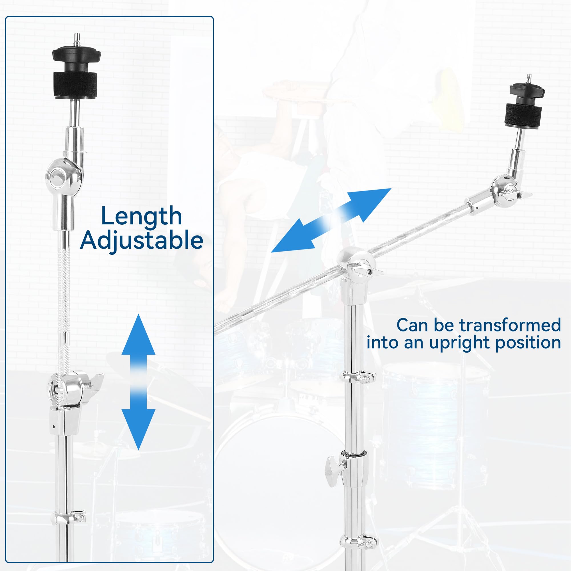AKOZLIN Boom Cymbal Stand, Basin Stand with Galgen, 84-115 cm Height Adjustable, Double Stretched Tripod, Chrome