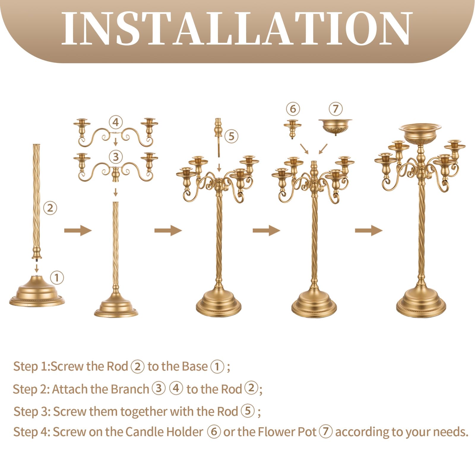 Sziqiqi Gold Candlestick Holders Candelabras Wedding Centerpiece - 5-Arms Candle Holders Metal Floor Taper Candle Stick Holder Decorative Centerpieces for Reception Event Party Dinning Table