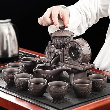 FHGH Zisha Retro Teapot, Anti-Scalding Stone Grinding Kung Fu Tea Cup Set, Graphite Semi-Automatic Lazy Tea Set, for Household Use And Decorative Ornaments