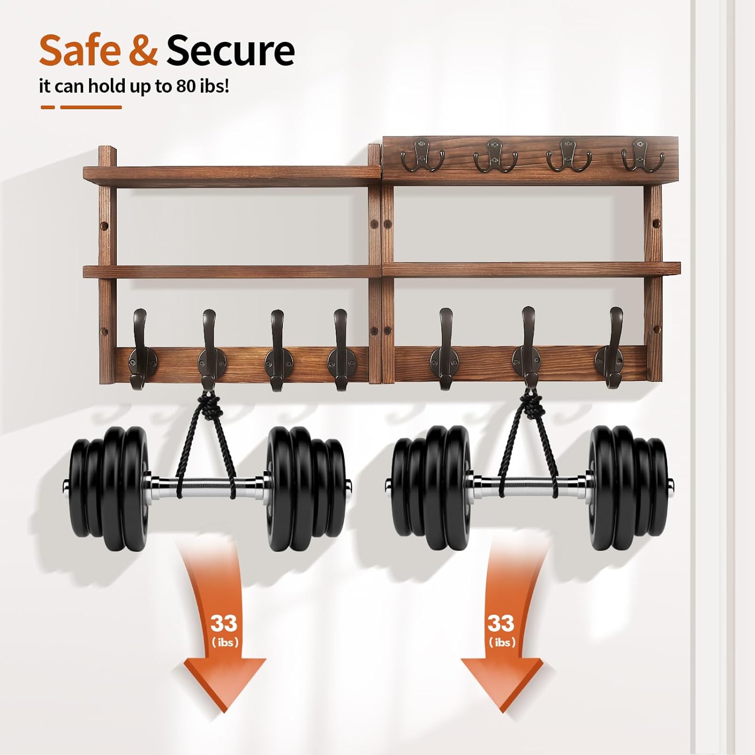 Coat Rack Wall Mount with Shelf, Pine Two-Tier Wall Shelf Mounted Coat and Key Hanger with 7 Heavy Duty Hooks 4 Key Hooks, Entryway Key Holder with Mail Holder for Bedroom,Living Room (Brown)