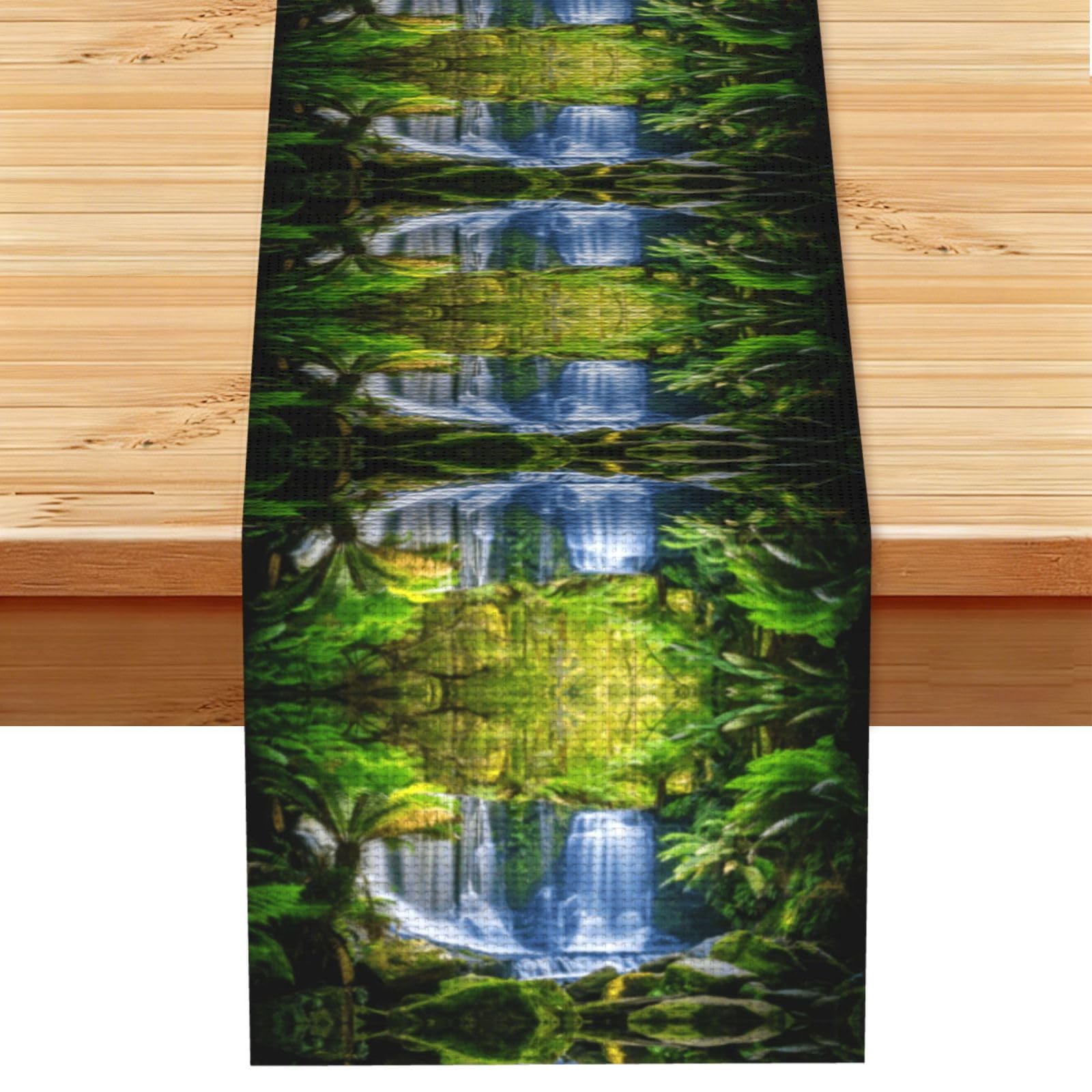 Green Tropical Plants and Waterfall Linen Feel Table Runner Wedding Party Home Decoration