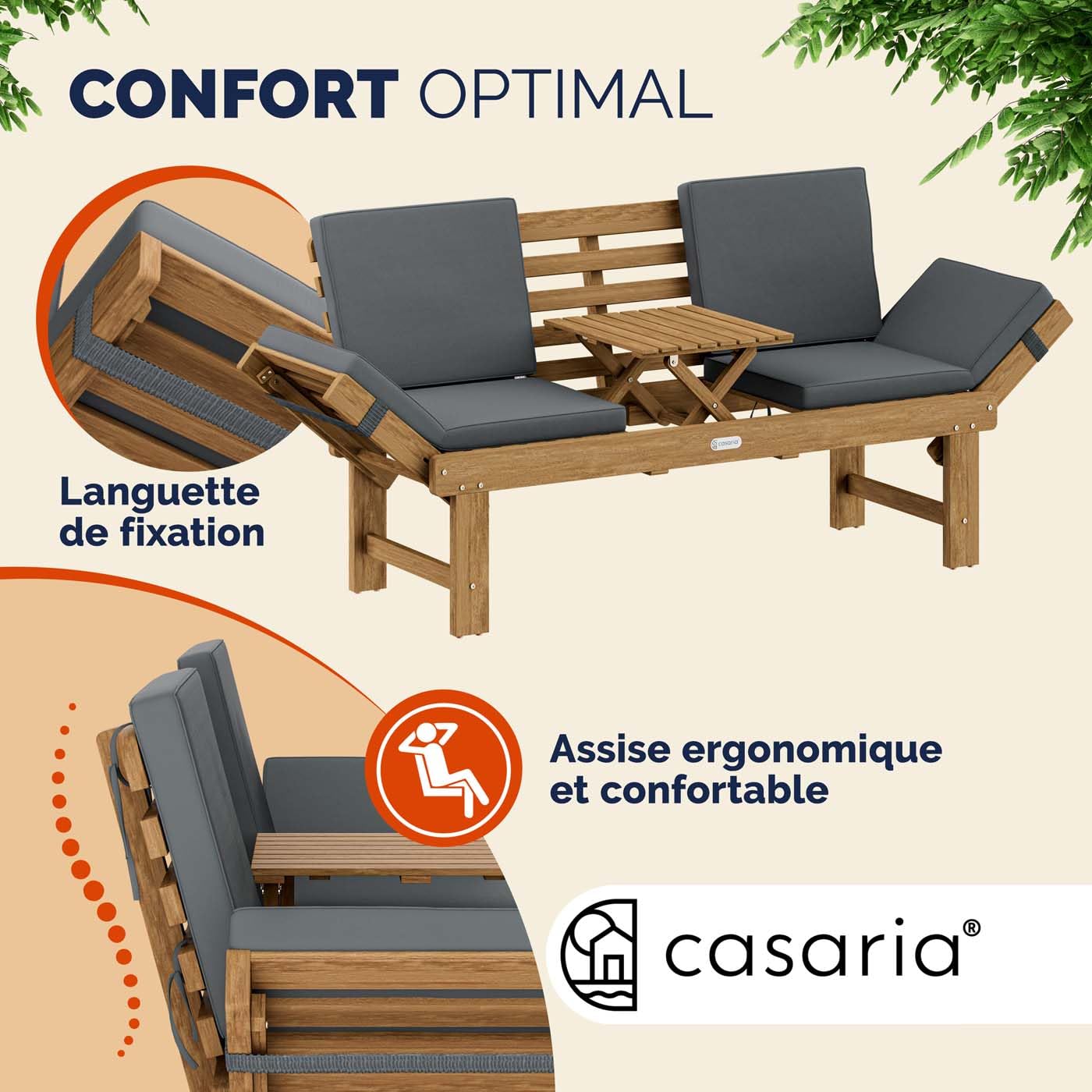 Casaria® Banc de Jardin en Bois avec Table 200x50cm résistant aux intempéries Pliable 3 Places Jardin Balcon Bain de Soleil