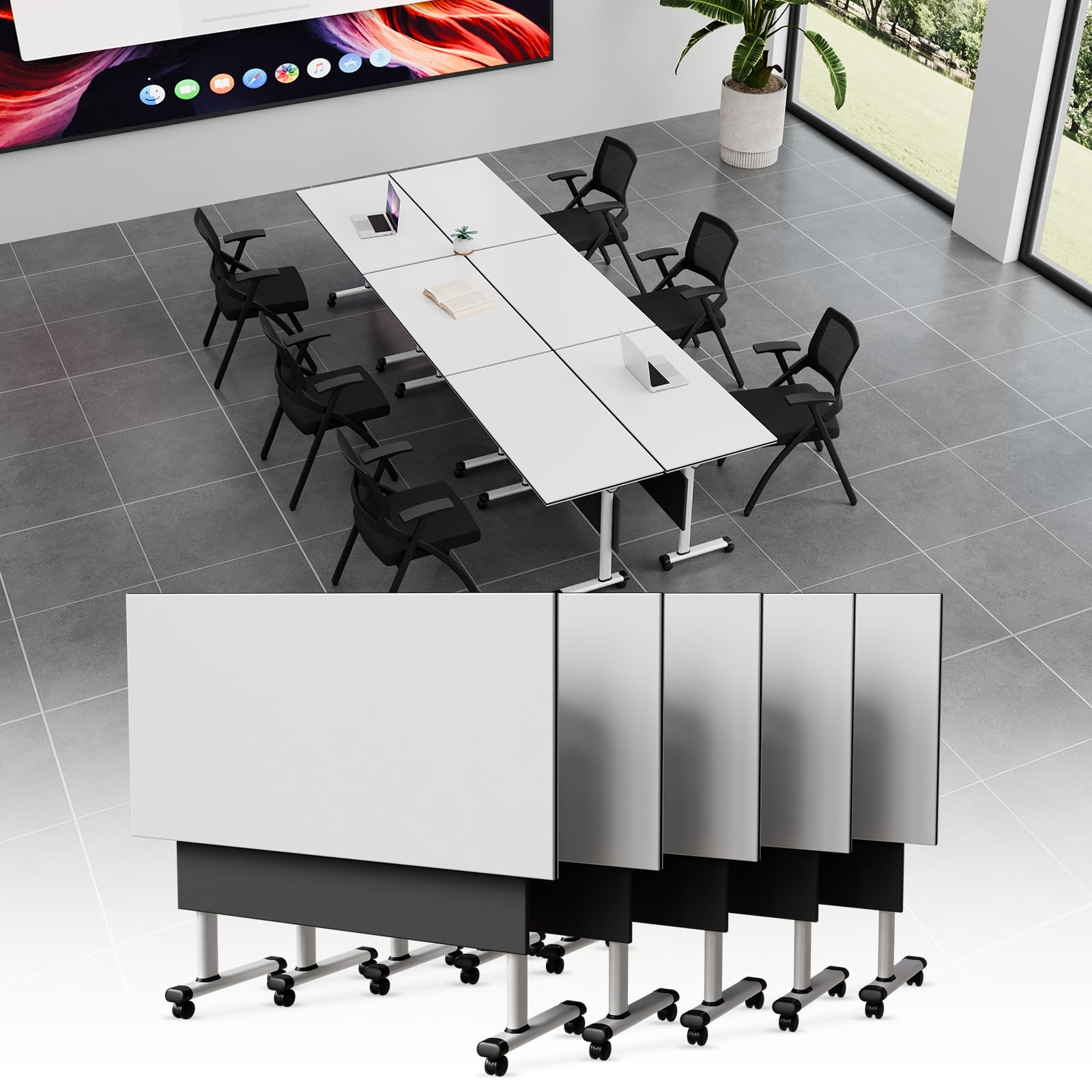 rzoizwko Modular Folding Conference Room Tables with Wheels, Flip Top Training Table System for Office & Classroom, Mobile Joinable Meeting Desks for