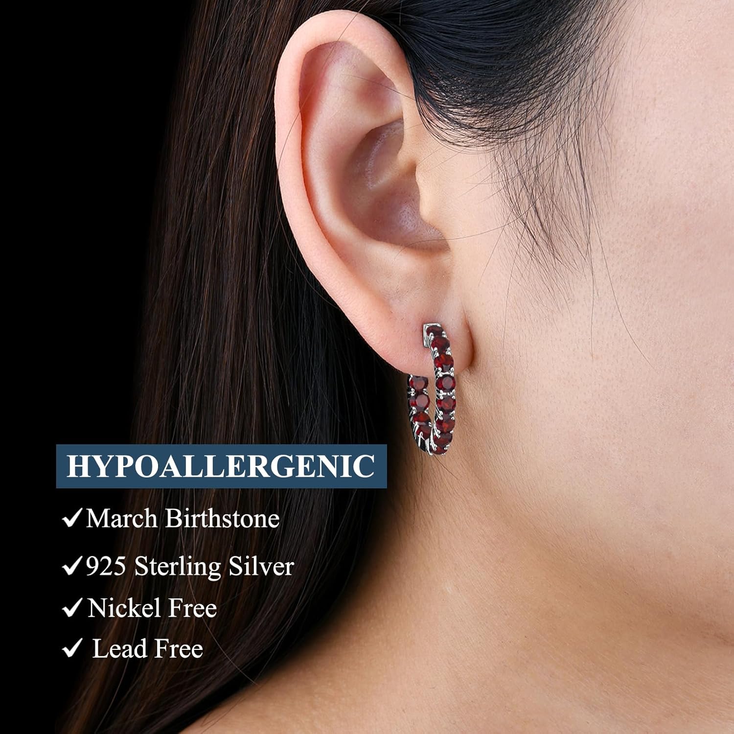 Hoop Earrings for women 925 Solid Sterling Silver, Natural Gemstone with 24 Grains Round Shape Main Stone Rhodium Plated Classic Style Fine Jewelry for Birthday Christmas Gifts Natural Garnet image 2 of 8 B09MH8NW15