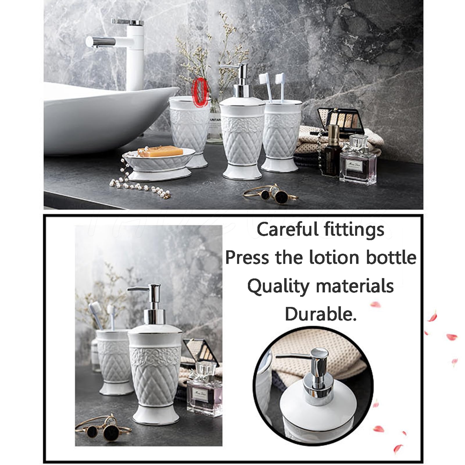 Juego Dispensador Jabón Baño,Accesorioscerámica, Accesorios Baño Modernos 4 Piezas, Dispensador, 2 Tazas Cepillo Dientes,para El Lavabo, Aspecto Mármol, Blanco,Blanco