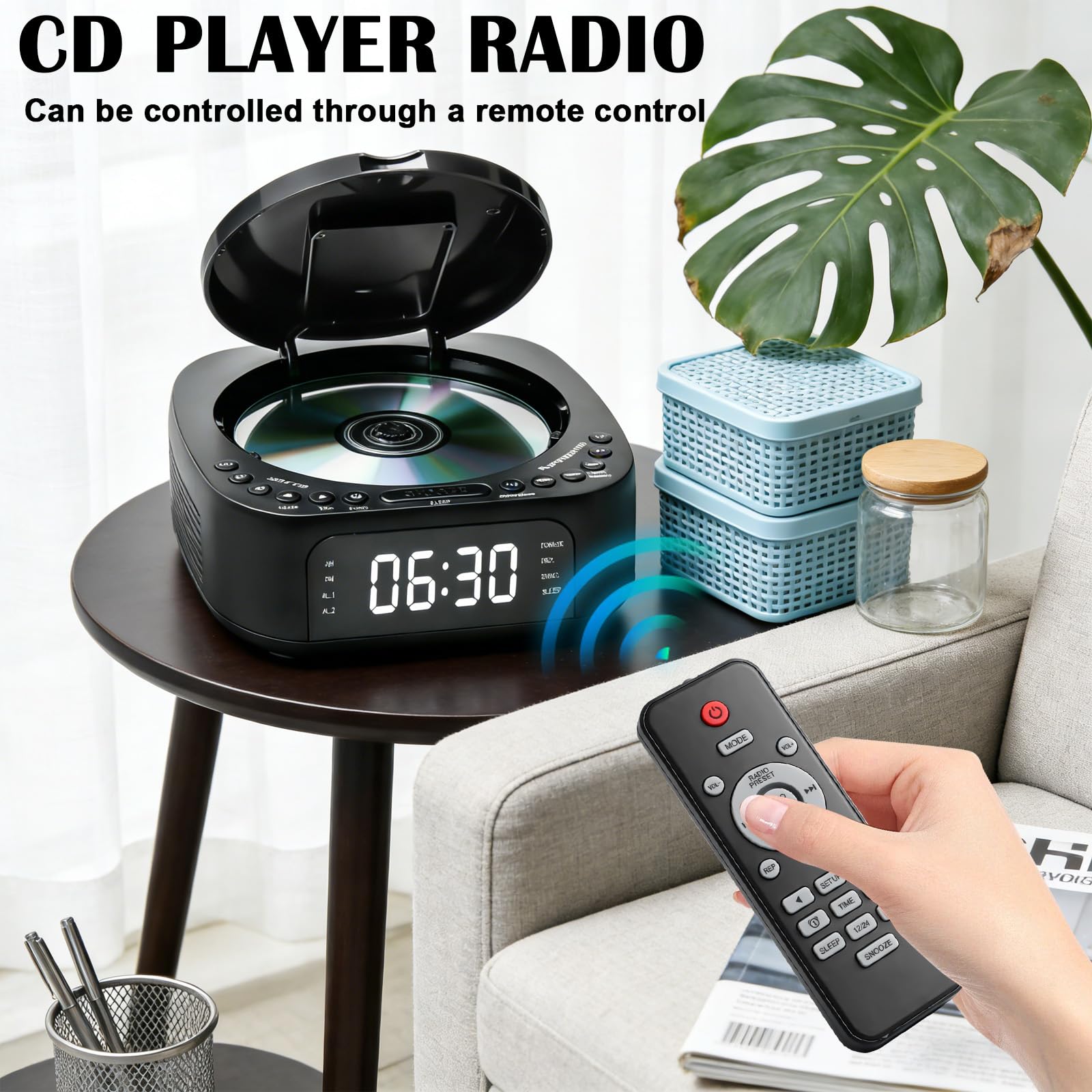 Lecteur CD portable avec Bluetooth, radio FM, lecteur CD MP3 avec double haut-parleur stéréo, réveil, SleepTimer, lecteur CD rechargeable, prend en charge USB/AUX, grand écran, télécommande, noir