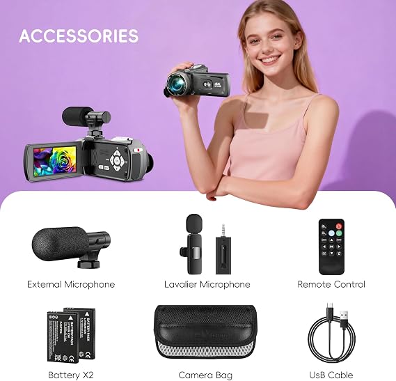 4K Video Camera Camcorder Mini Mic 48MP 60FPS UHD Vlogging Cameras for YouTube 18X Digital Zoom 3.0''IPS Screen Camera with 32GB Card, Wireless Lavalier Microphone, Remote, 2 Batteries