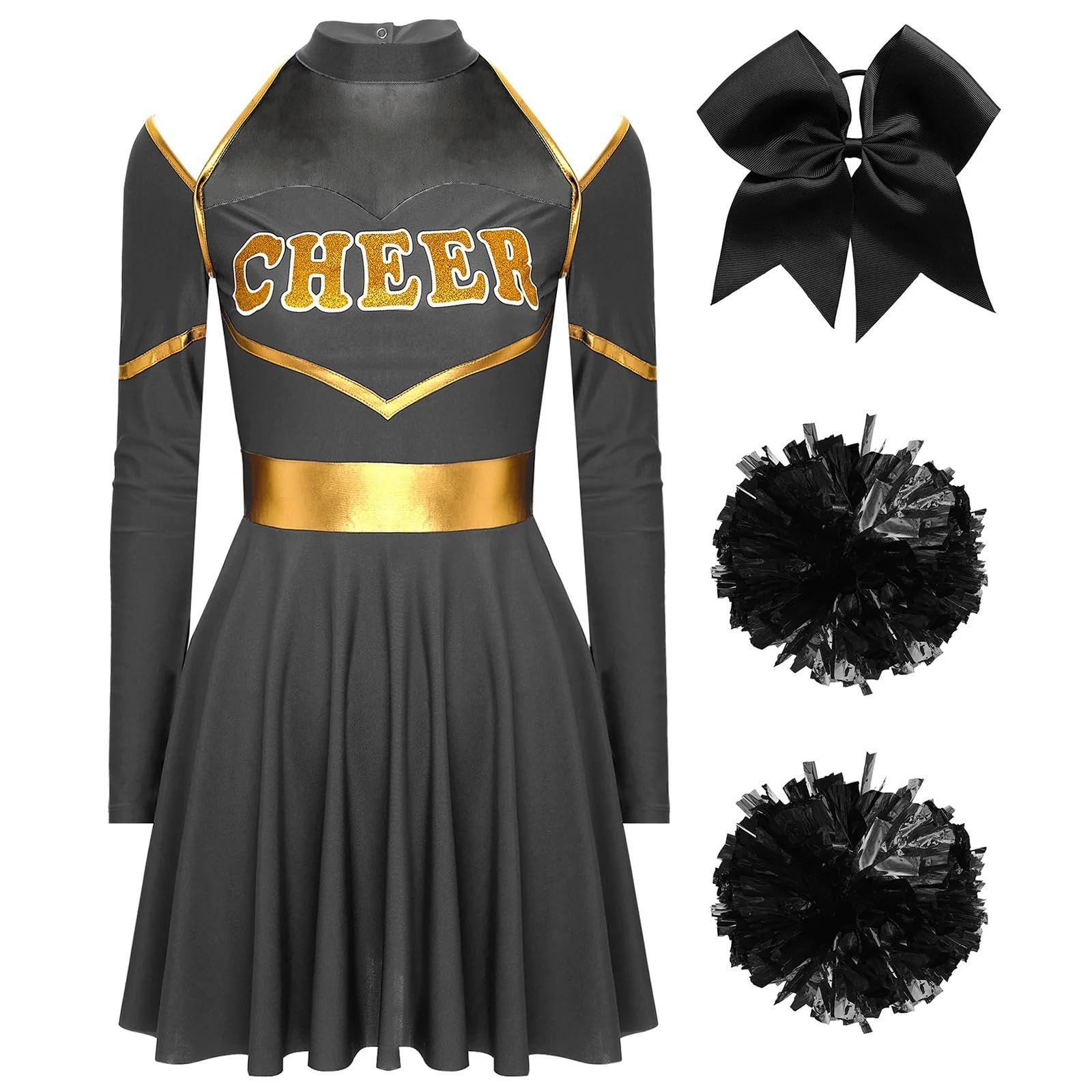 Giyxhu Women's Black Cheerleader Uniform Cheerleading Costume For Stage Performance School Child Cheer Dress Bowknot Hair Band And 2Pcs Flower Balls(,Xxl)