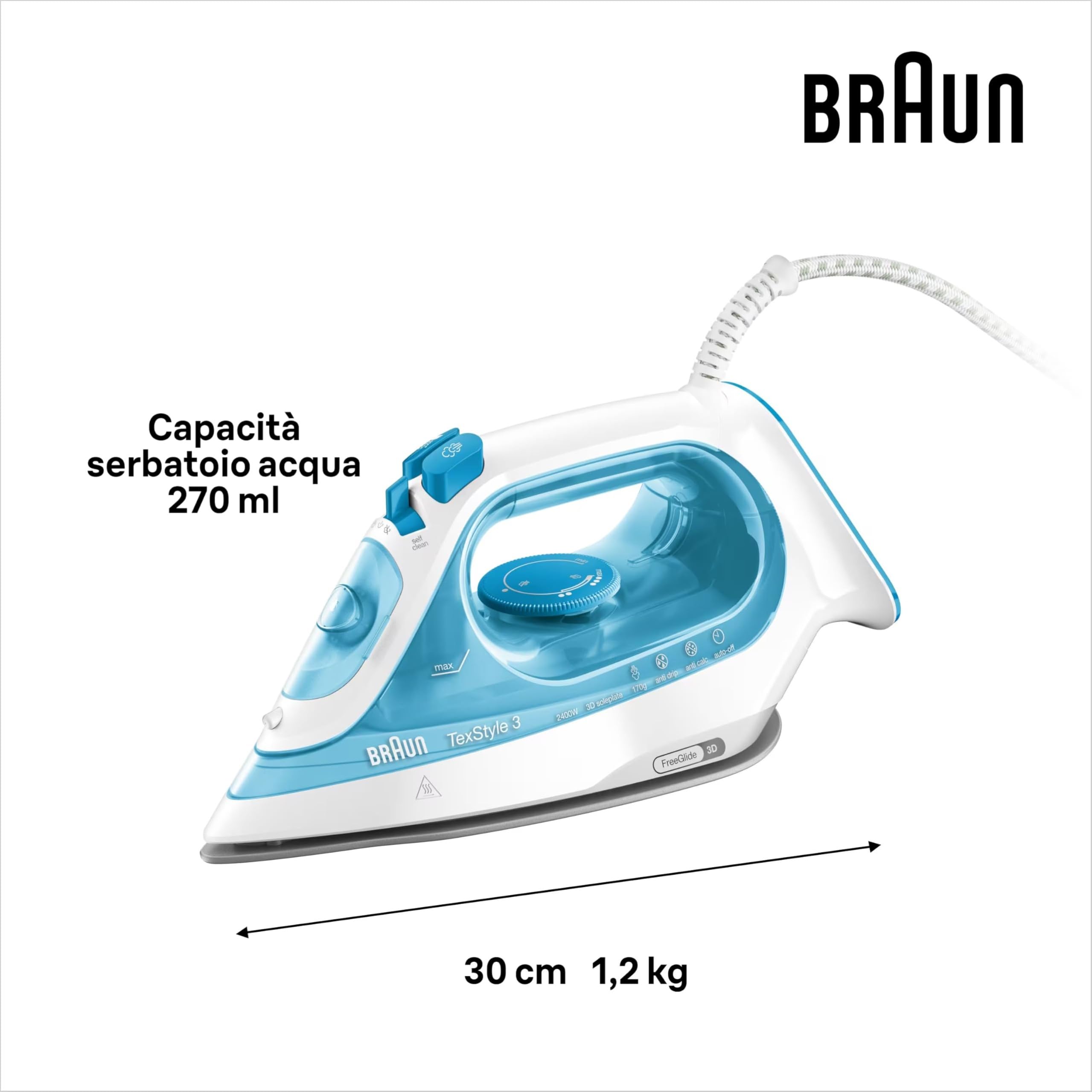Braun Texstyle 3 SI3053BL Ferro da Stiro a Vapore con 5 ANNI DI ASSISTENZA, Autospegnimento, Riempimento Facile, 270ml, potente getto vapore da170 g/m, Punta di precisione, Azzurro Chiaro