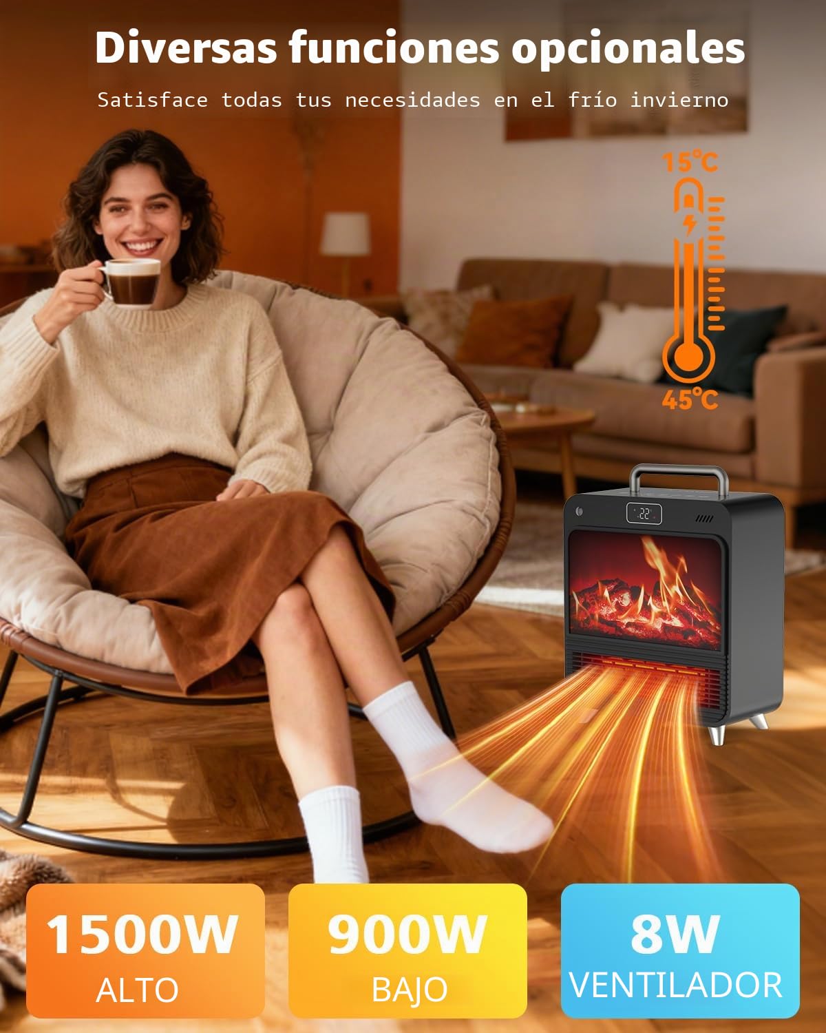 Calefactor Bajo Consumo 1500W PTC Cerámico con 4 Modos, Protección contra Sobrecarga y Vuelco, Temporizador 12H, Termostato Ajustable, Portátil y Silencioso para Baño, Dormitorio, Sala, Calentador