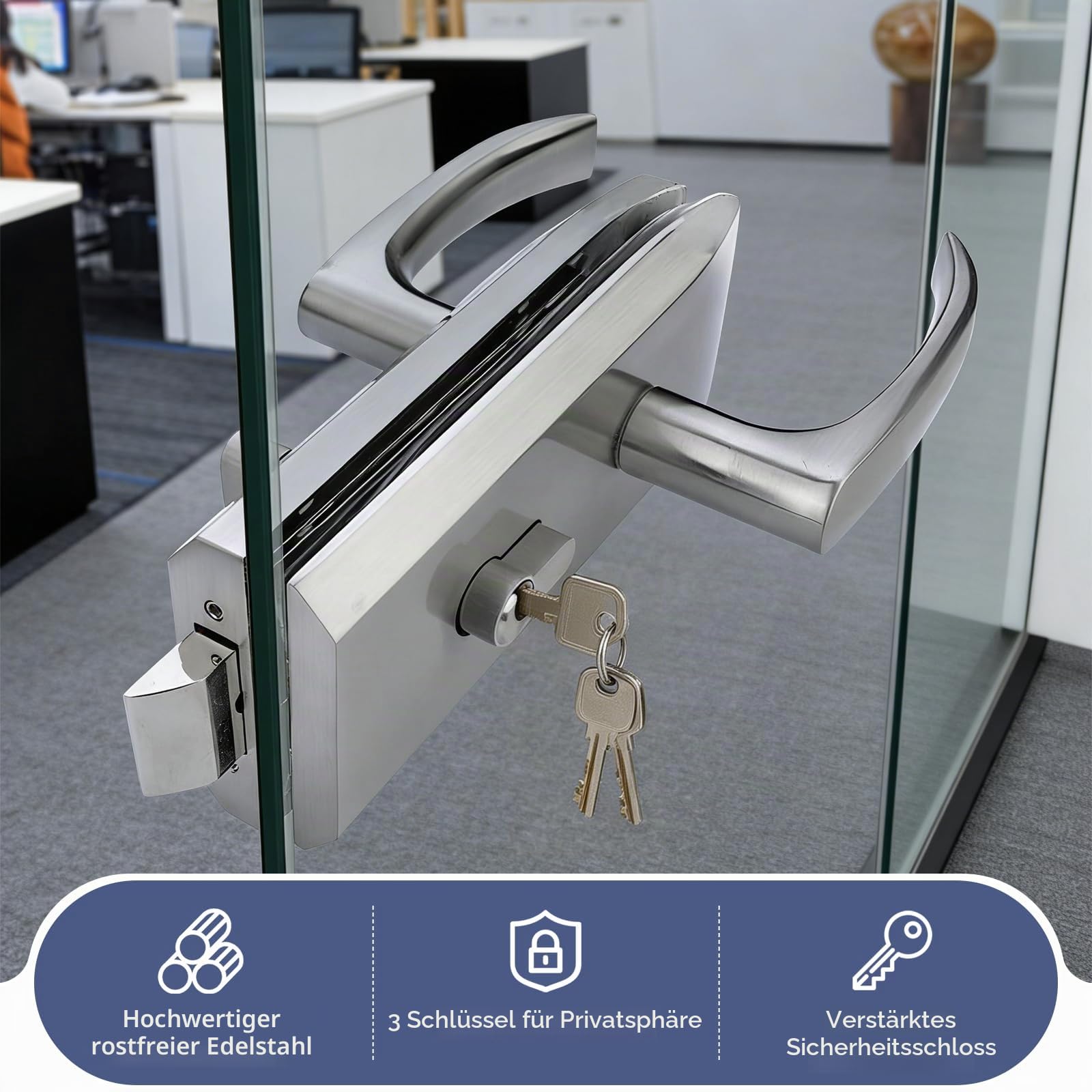 Glastürschloss Edelstahl, Türschloss Innentür, Türschloss für Innentür | mit 3 Schlüsseln, Schiebegriff, Büro Badezimmer Balkon Türbeschlag,Glastürbeschlag für 8-12mm Glas, 5-8mm Türspalt