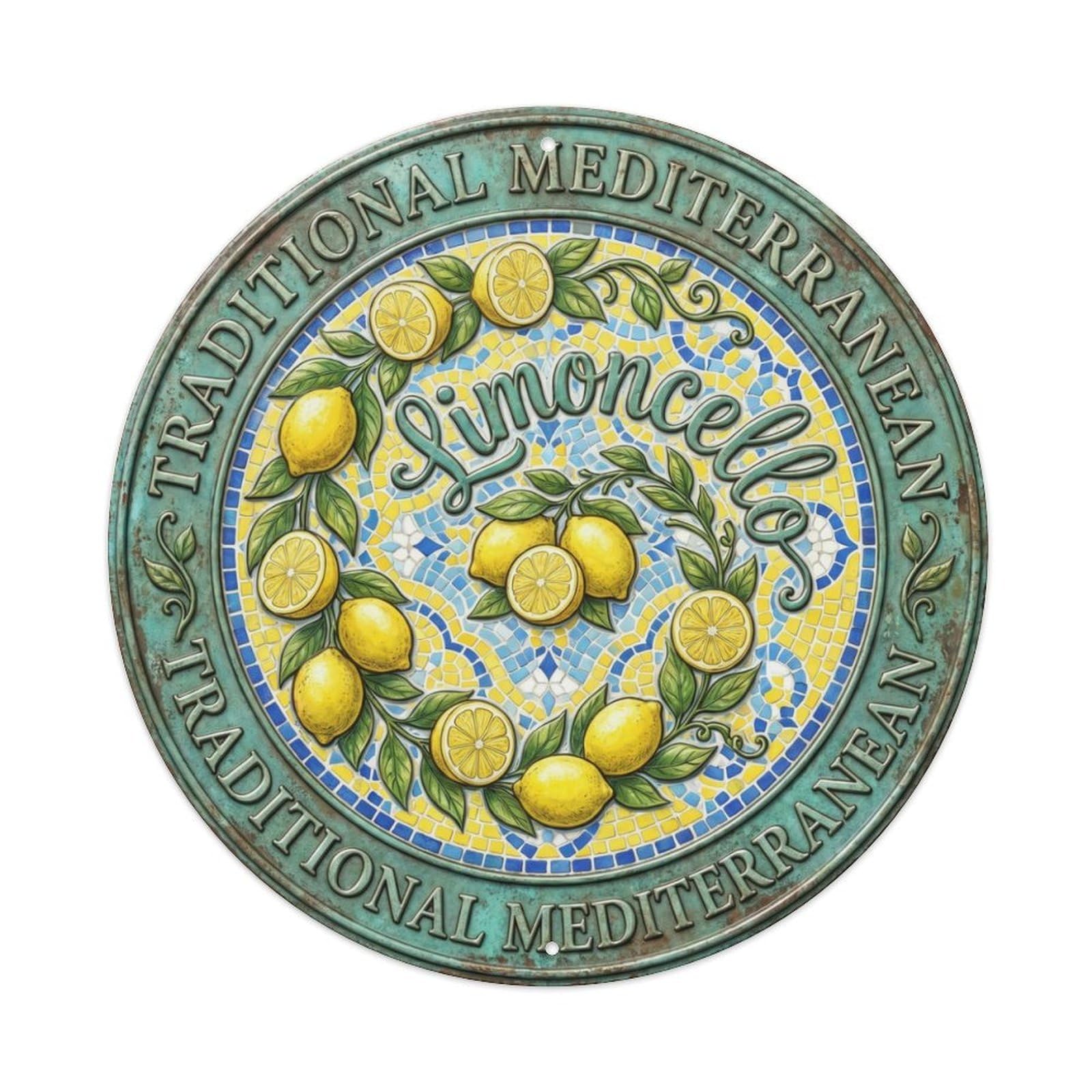 Fqcyn Style Traditional Mediterranean Emblem Limoncello Metal Tin Sign Plaque Wall Decor For Cafe, Club Bar, Office, Home Garden Round Metal Poster 8X8inch