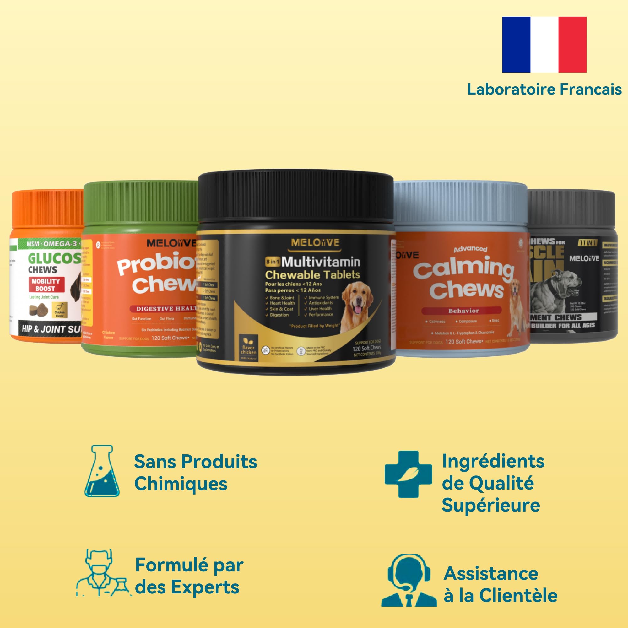 Meloive 8 en 1 Multivitamines pour Chien | Compléments Alimentaires Premium pour Chiens | Vitalité, Probiotiques, Articulations, Pelage, Immunité, Coeur, Cerveau | Au Poulet | 120 Comprimés