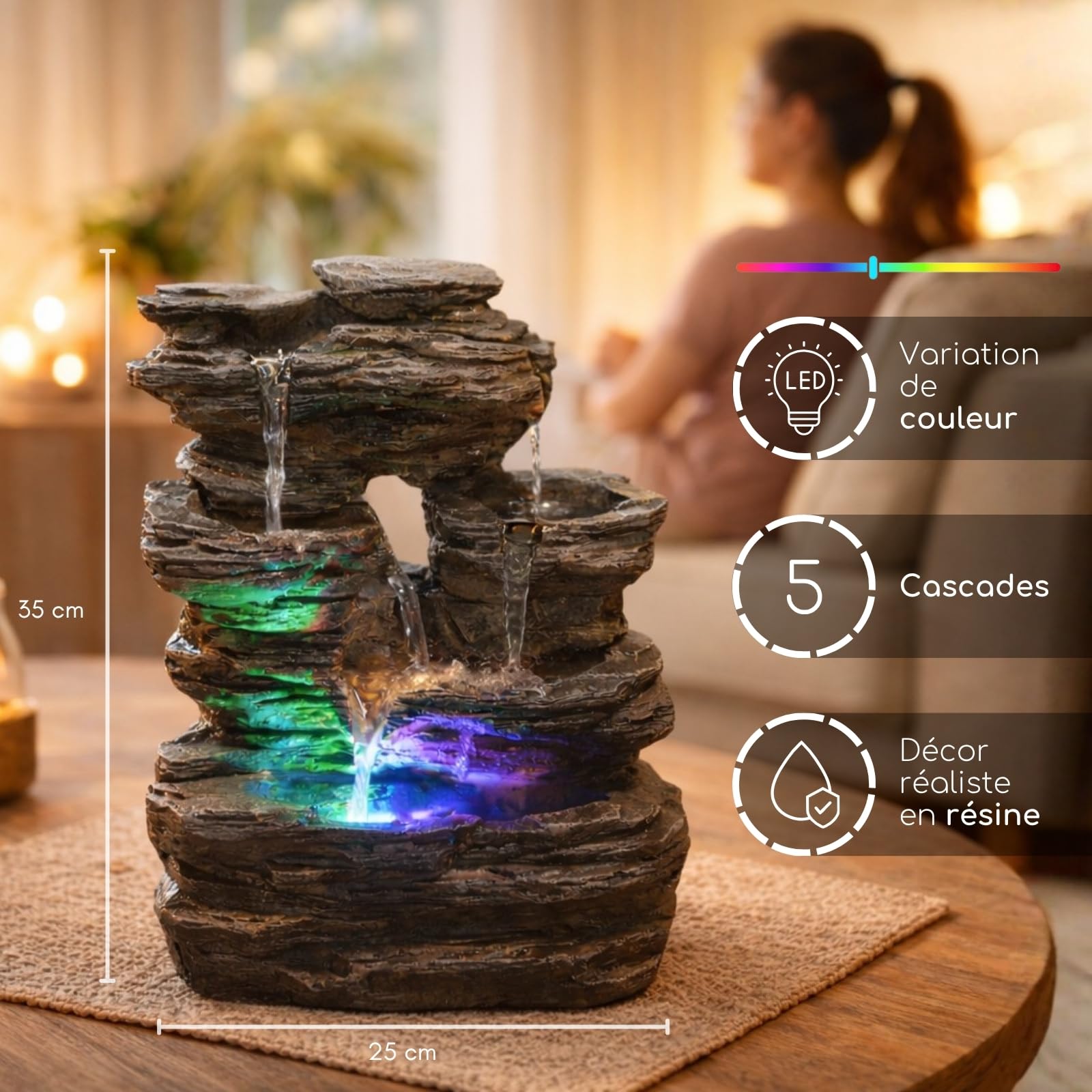 Zen’Light - Fontaine d’Intérieur Nature Pietra - Décor Zen Naturel en Résine Imitation Roche, Idéal Méditation & Détente - Cascade & Éclairage LED à Variation de Couleur - Objet Porte-Bonheur - H35cm