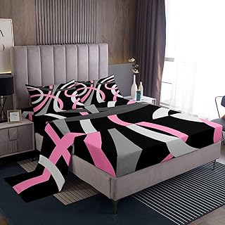 Feelyou Retro Circle Swirls Sheet Set for Girls Pink Black Gray Geometric Circle Stripes Geometric Sheets with Deep Pocket Fitted Sheet Abstract Geometric BeddingÂ Set Twin Size Bed Set 3Pcs
