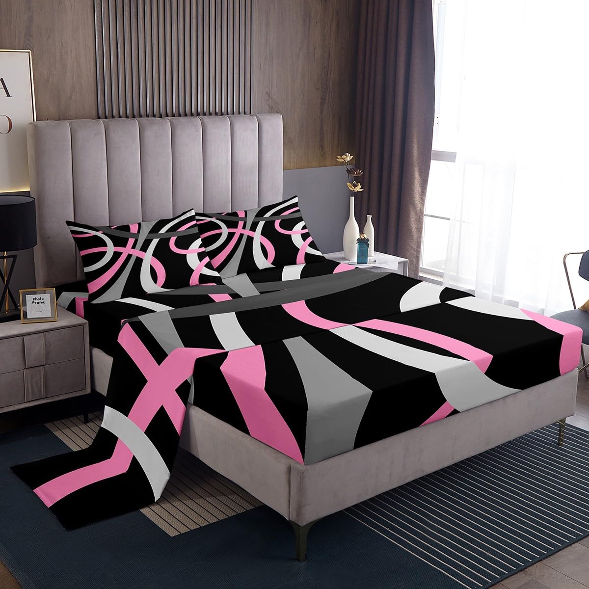 Feelyou Retro Circle Swirls Sheet Set for Girls - Pink Black Gray Geometric Stripes With Deep Pocket Fitted Sheet - Abstract Bedding Set Twin Size
