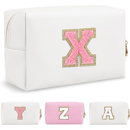 Personalized Makeup Bag Initial A-Z Preppy Patch Bag,Small PU Leather Travel Cosmetic Bag Pouch with Zipper,White Cute Toiletry Bag,Gift Ideal for Teen Girls Women Birthday Friend Mom,Letter X