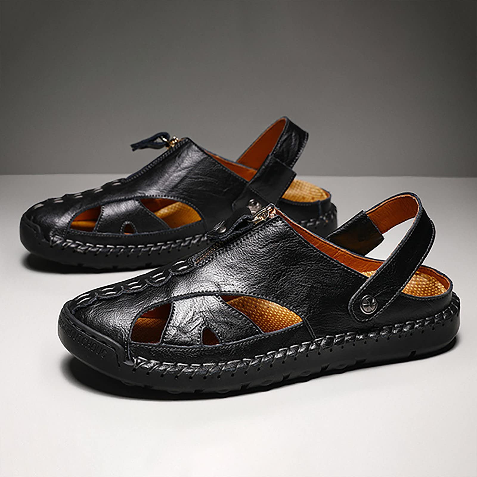 Sandalias Hombre Suela de Goma Cuero con Bandas Ajustables Talla Grande Chanclas Casual Deportivas Transpirable Zapatillas Soporte de Arco Punta Reforzada para Playa Verano Piscina