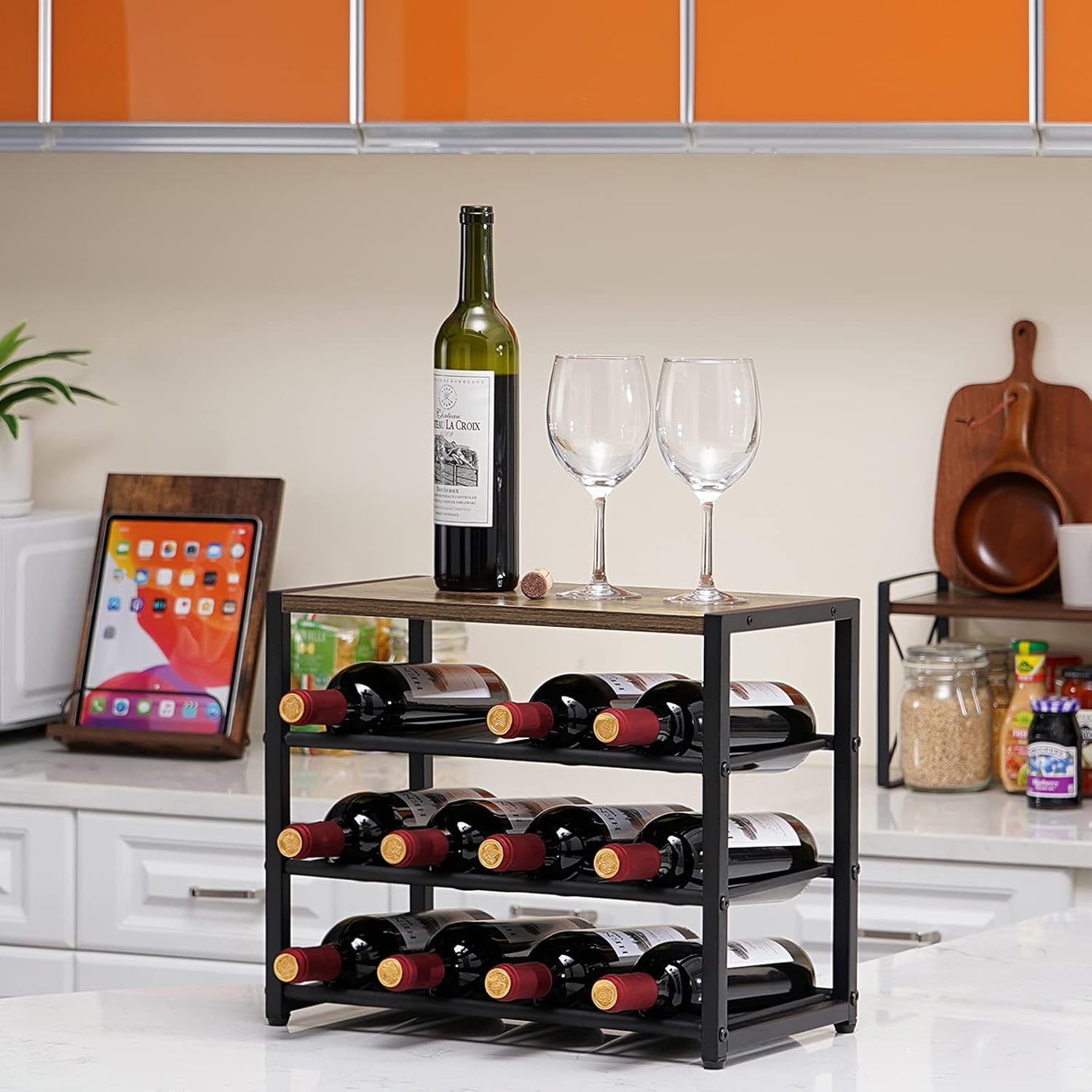 Rustic Wine Racks Countertop with Top Wood - Tabletop Wine Holder Stand - 12 Bottle Wine Rack - Wine Bottle Storage Organizer -3 Tier Freestanding Small Wine Rack for Pantry Home Cabinet Bar Counter : Home & Kitchen