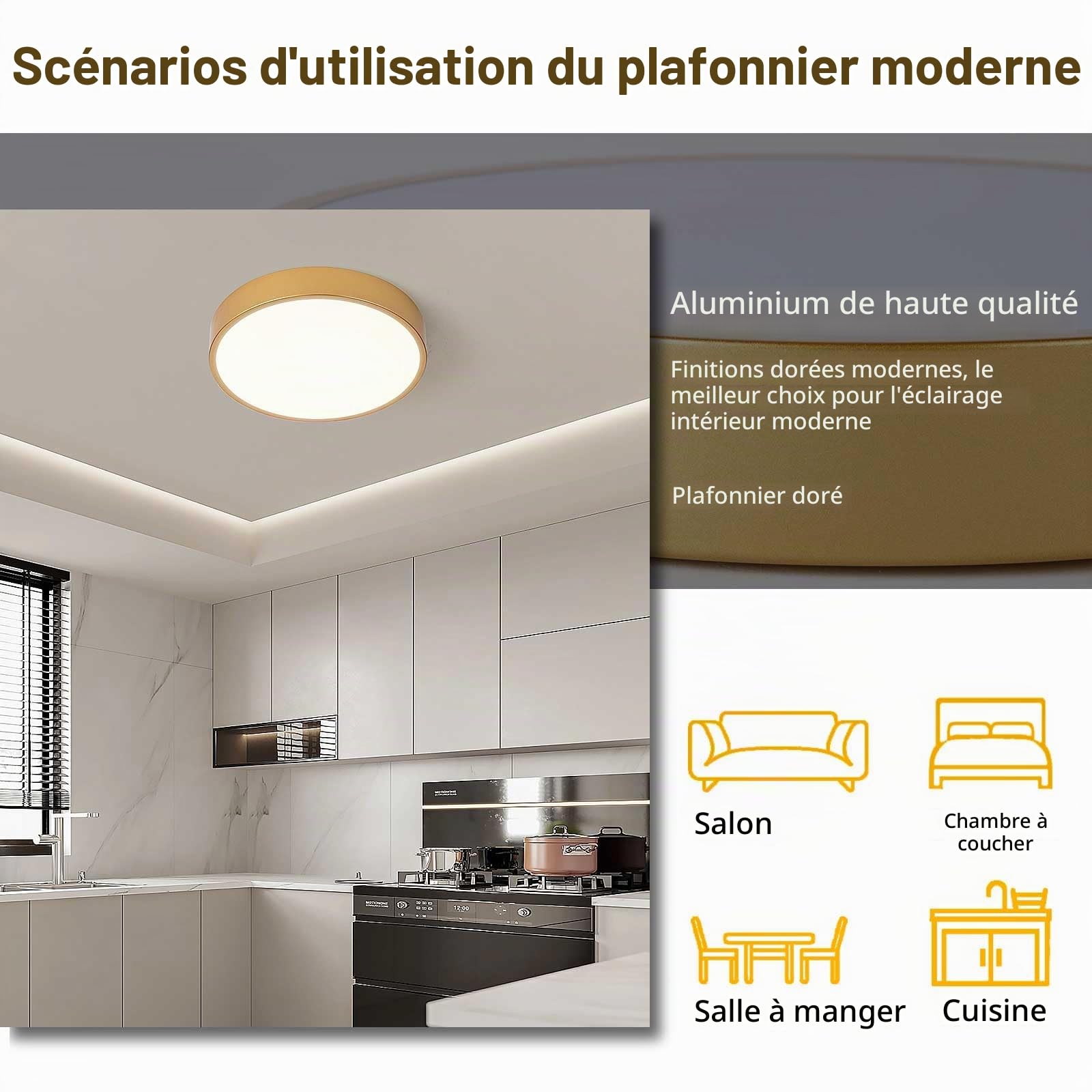 Or Plafonnier LED,Ø40Cm MéTal 30W Luminaires IntéRieur Dimmable Avec ContrôLe Cuisine Lampe Rond Moderne plafonnier salon Pour Garage Atelier