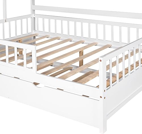 Miniatura 8 de MERITLINE Cama de casa de tamaño matrimonial con nido y estantes de almacenamiento para niños, marco de cama Montessori con rieles de valla y techo