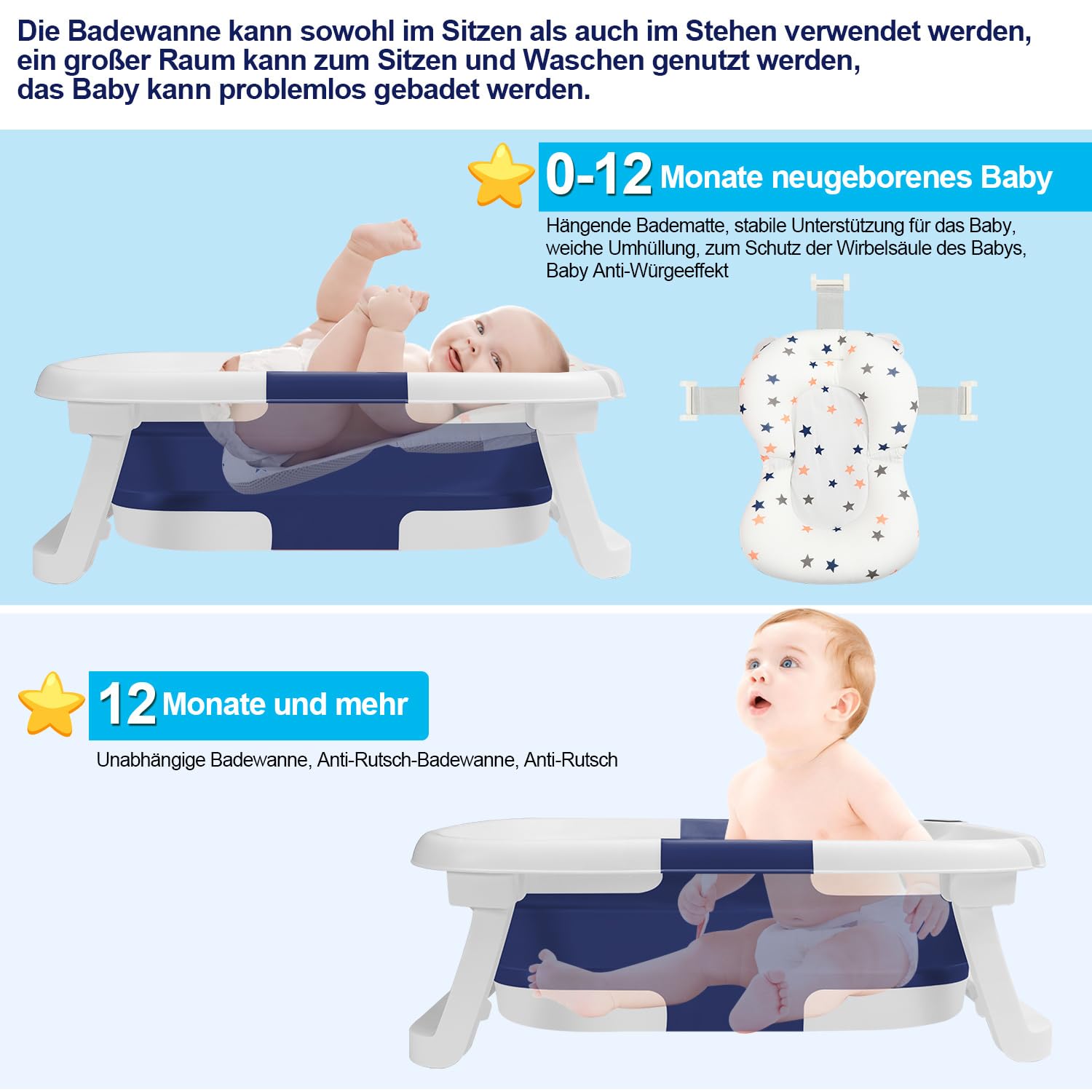 Baby Badewanne, Klappbare Badewannen, Dreifach Faltbare Bathtub, Kinderbadewanne mit Thermometer und Badematten-Stützpolster, Rutschfeste Matte, Baby Bathtub für Neugeborene Kleinkinder, Blau