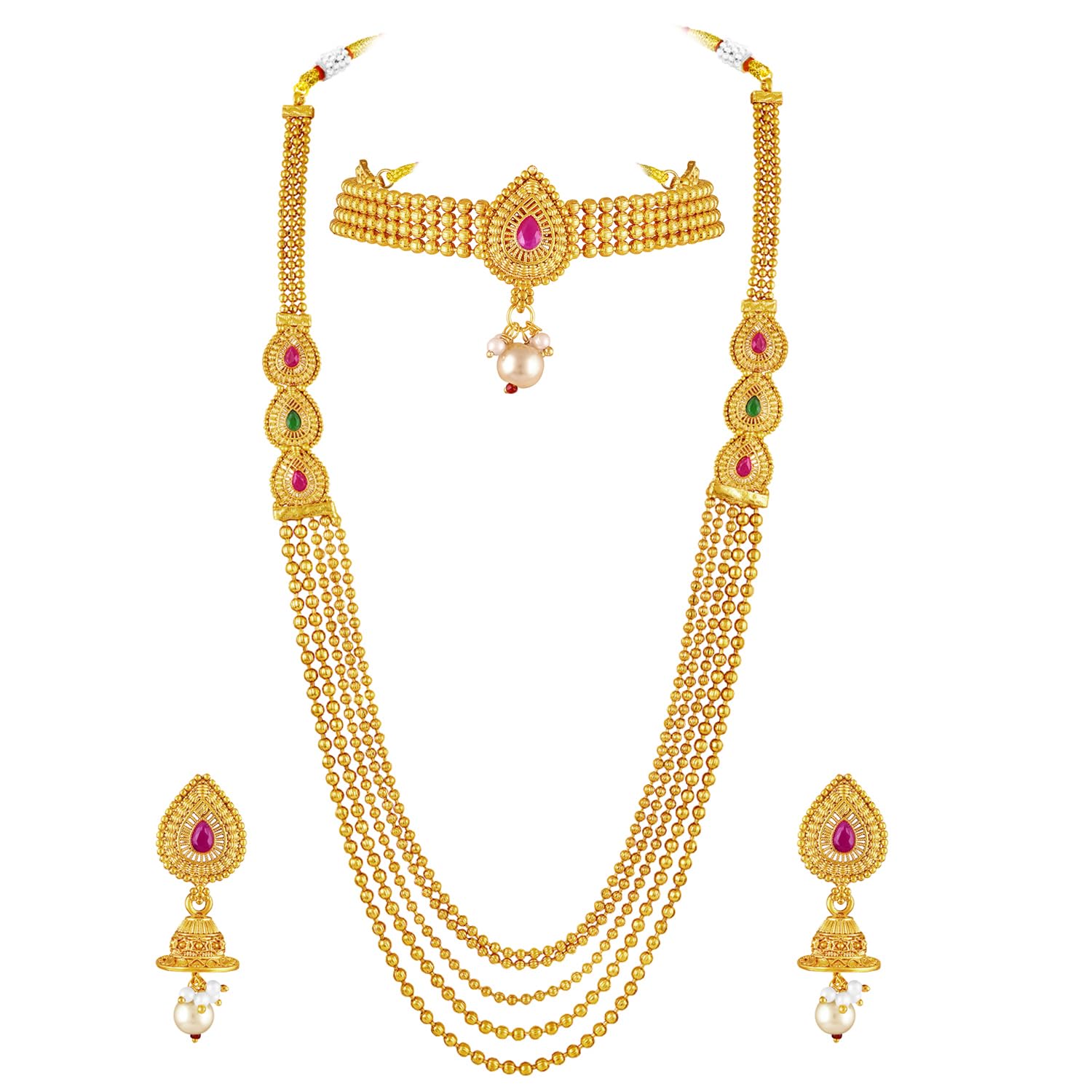 peora Gold Plated Faux Ruby & Beads Studded Ethnic Short & Long Necklace Earrings Bridal Set Jewellery for Women & Girls-picture-31