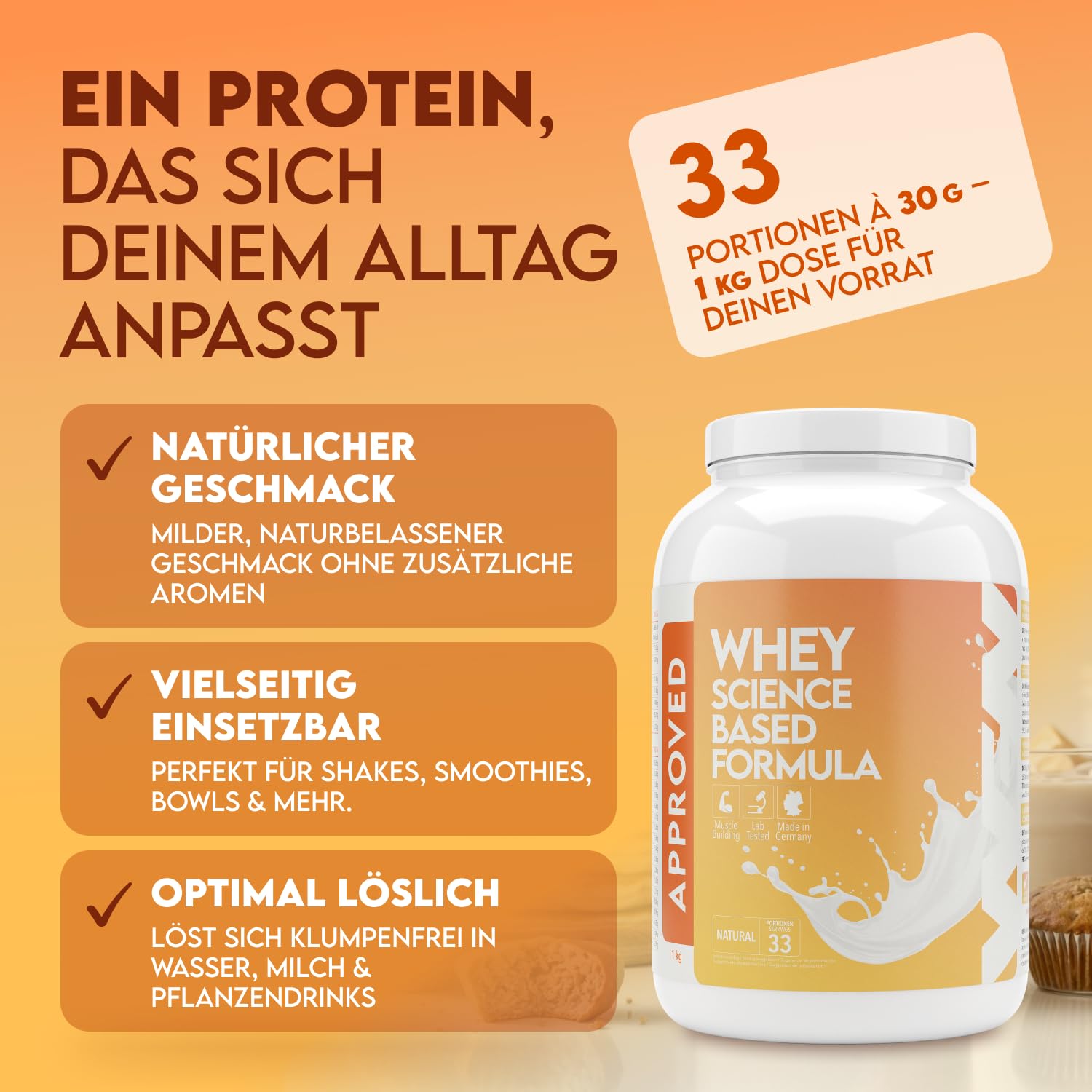 WFN Approved Whey Proteinpulver - Neutral- Ohne Süßungsmittel & Zuckerzusatz - 1 kg - Mit Laktase - Produziert & laborgeprüft in Deutschland