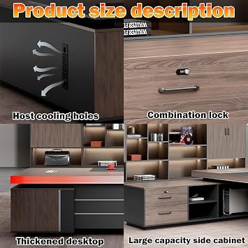Large Modern L-shaped Executive Desk For Home Office, Stylish Ceo Computer Desk With Lockable Drawers & Double Side Cabinets, Efficient Wire Management (63x29.5x126in)