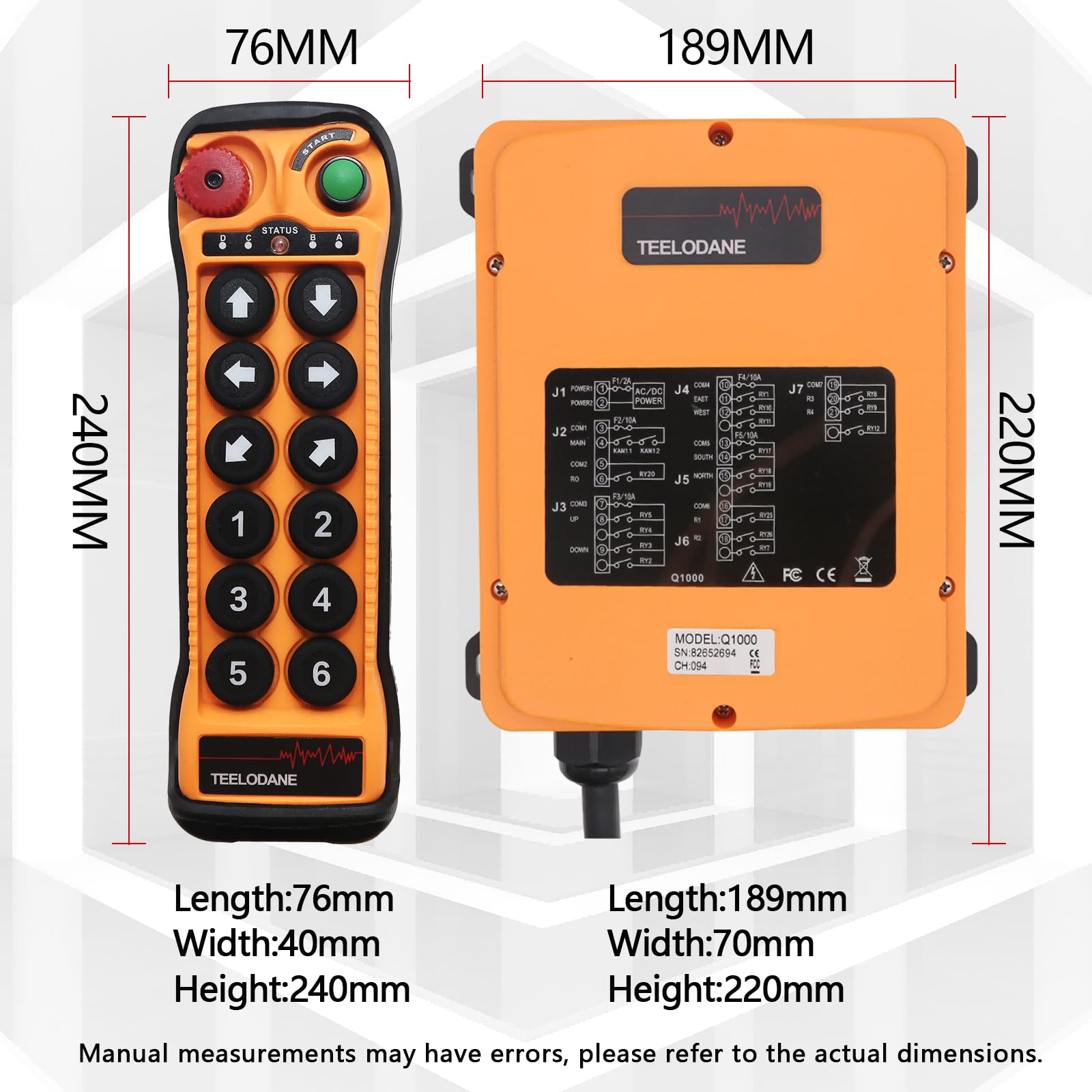 Q1200 - Kit de control remoto inalámbrico industrial de 12 canales, 24 V, 110 V, 220 V, llave de seguridad de emparejamiento automático, control remoto de una sola velocidad para grúa