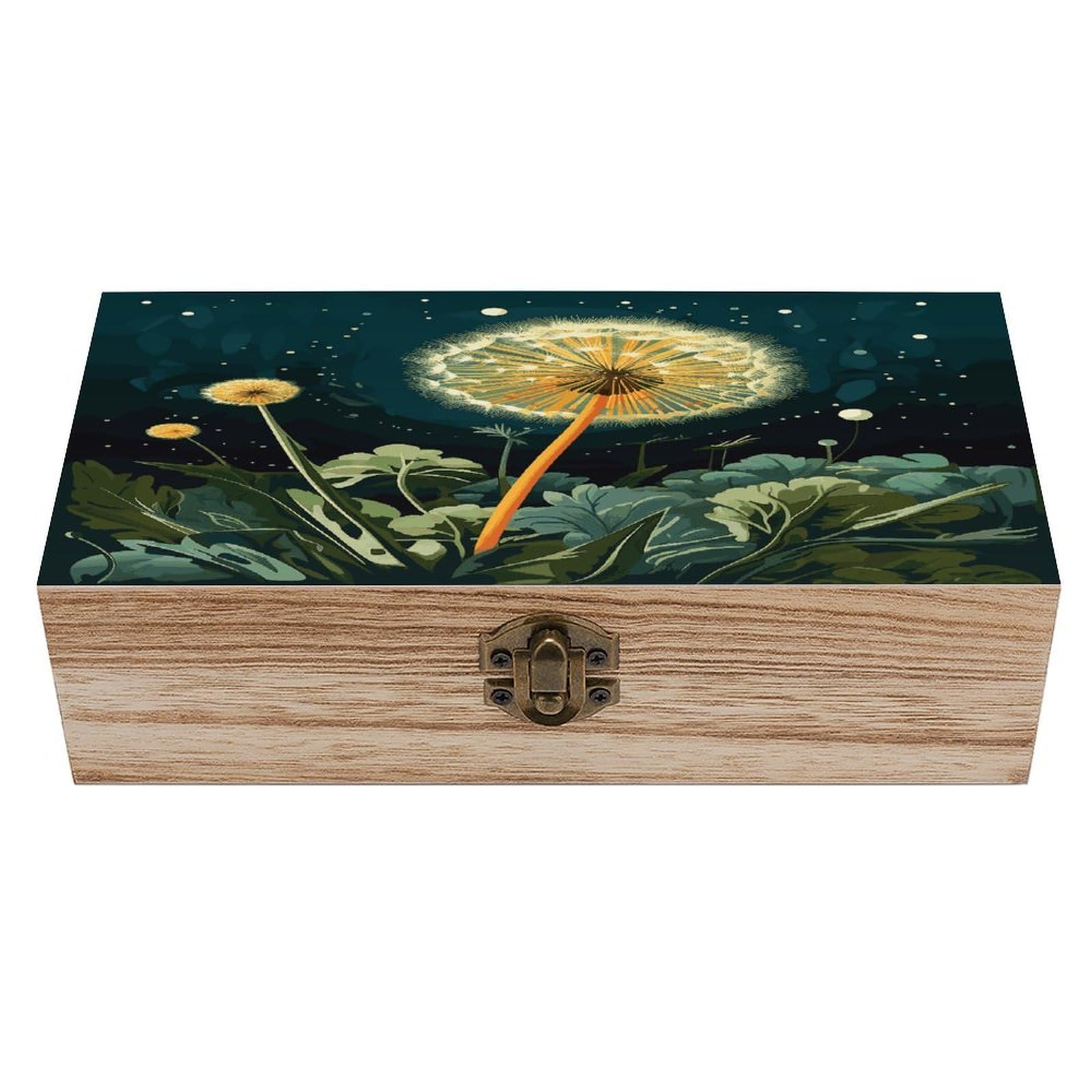 Btcowzrv Style Dandelions At Night Wooden Storage Box, Keepsake Box With Hinged And Retro Lock, Wood Jewelry Organizer For Photos & Mementos And Home Decor